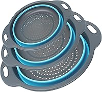 Cluren Collapsible Colander 3-Pack Set - Space-Saving Foldable Strainers with Non-Slip Base, Durable PP+TPE for Pasta Veggies Fruits (Gray-Blue)