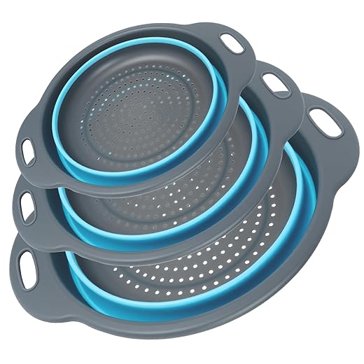 Collapsible Colander 3-Pack Set Space-Saving Foldable Kitchen Strainer with Non-Slip Base Durable Thickened PP+TPE Collapsible Strainers for Pasta, Vegetables, Fruits (Gray-Blue)