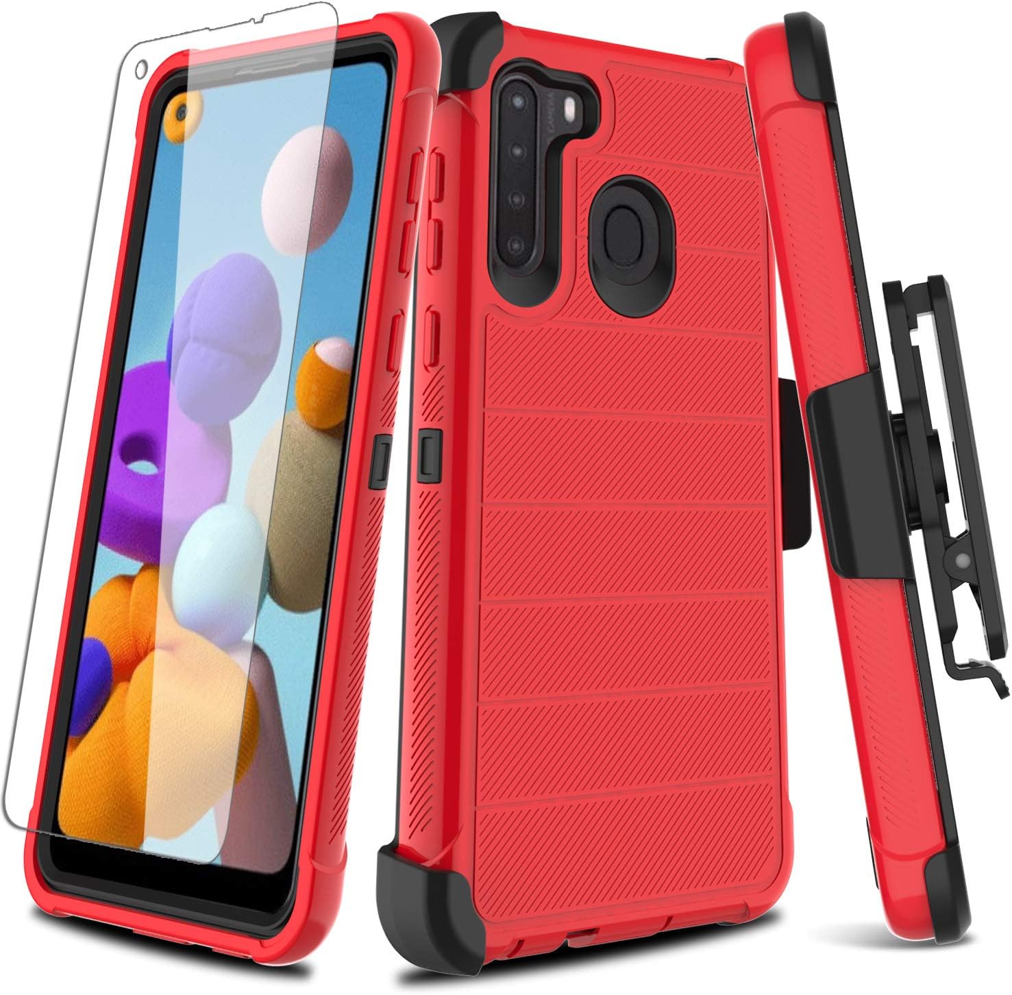 Leptech Galaxy A21 Case with Soft TPU Screen Protector, [Holster Series] Full Body Heavy Duty Armor Protective Phone Cover with Kickstand Belt Clip Case for Samsung Galaxy A21 (Red)