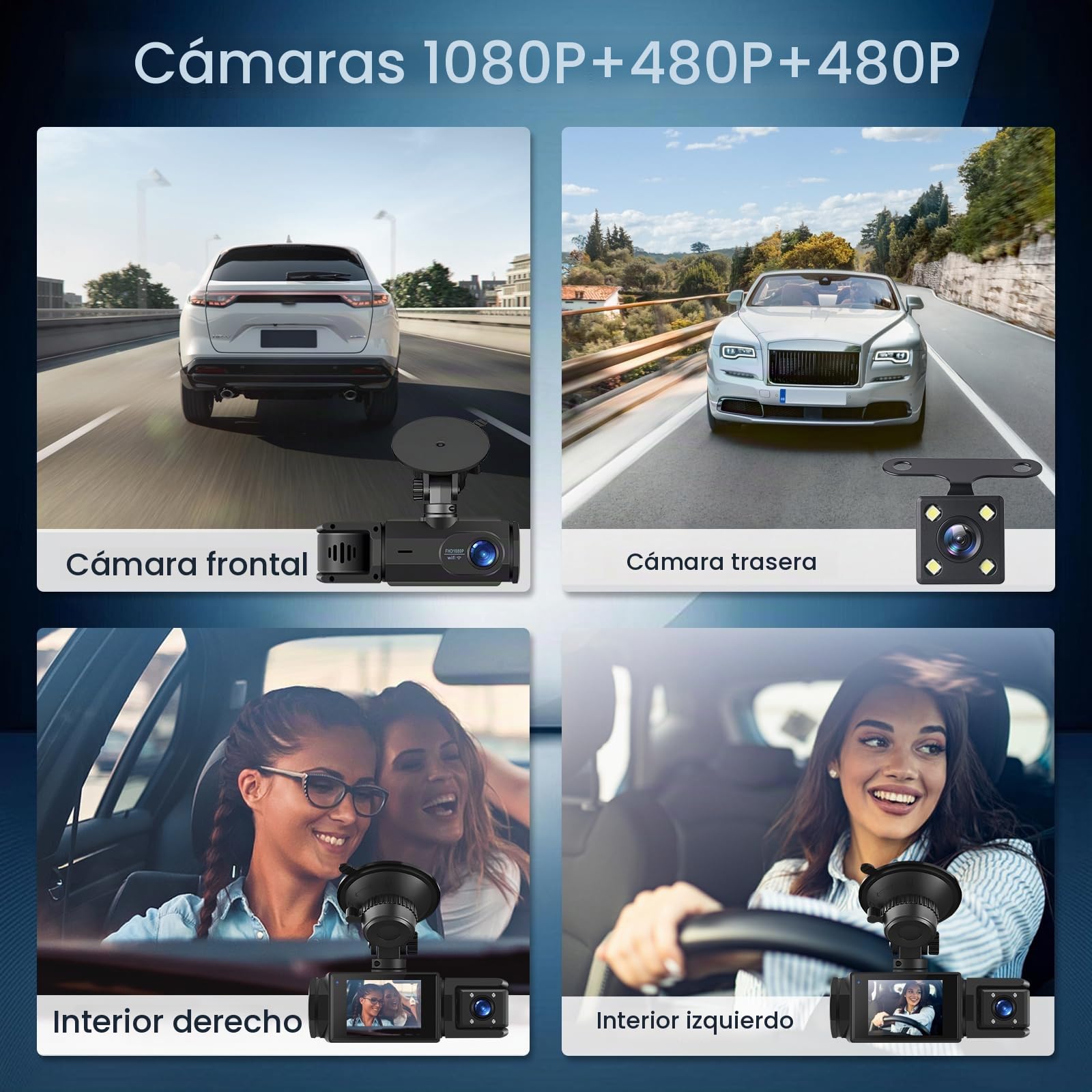 Dashcam Cámara Coche WiFi 3 Canales – Grabación Frontal, Interior y Trasera, Full HD 1080P, Visión Nocturna, Detección de Movimiento, Pantalla IPS 2”