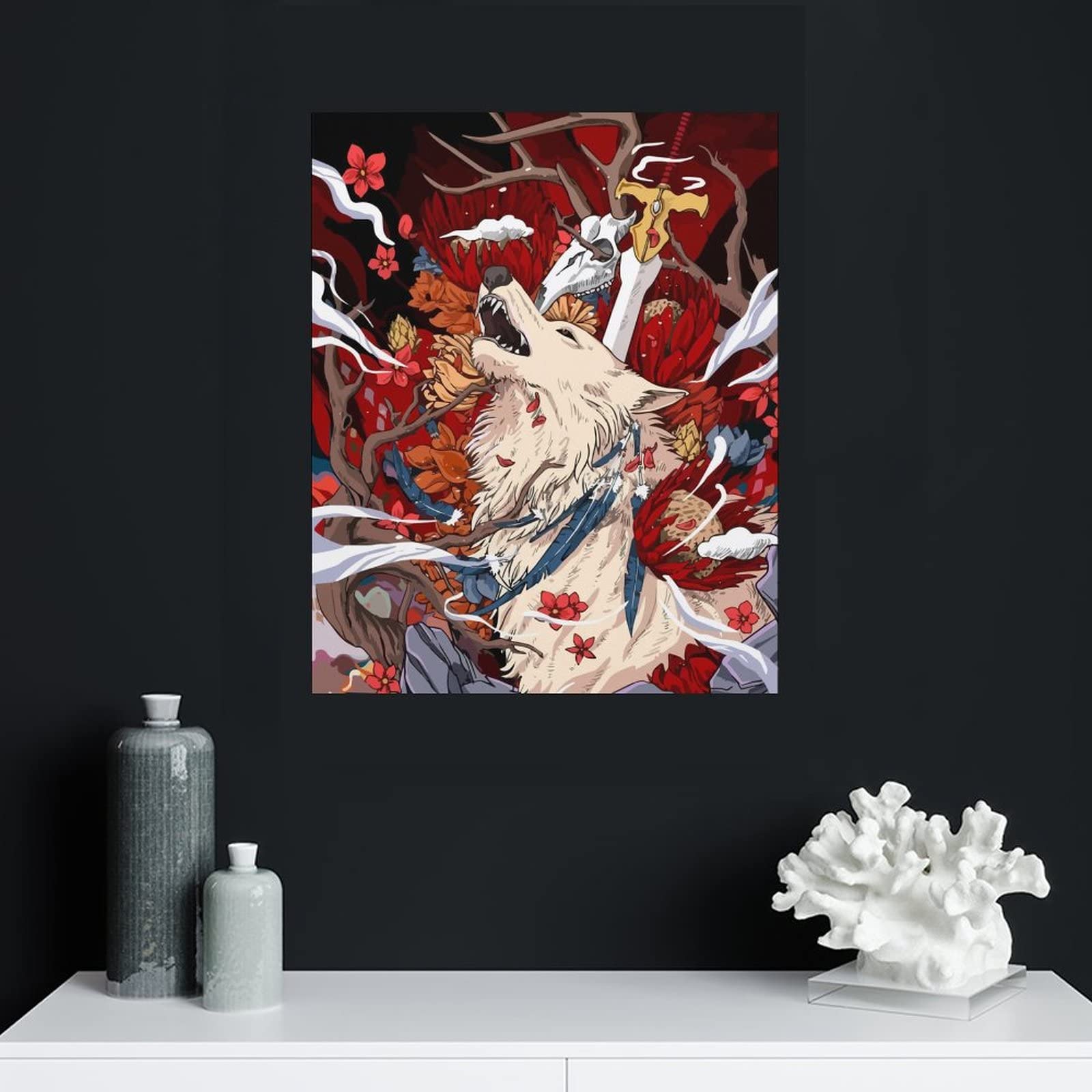 Amazon.co.jp: キャンバス絵画 狼 花 剣 和風 和柄 浮世絵 アート