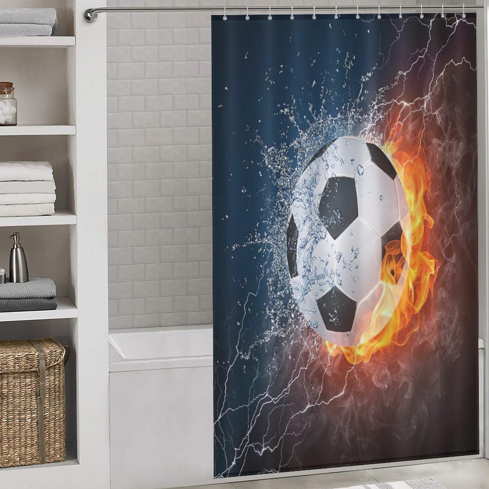 Rideau de douche football imperméable en tissu polyester avec 12 crochets 140x183cm
