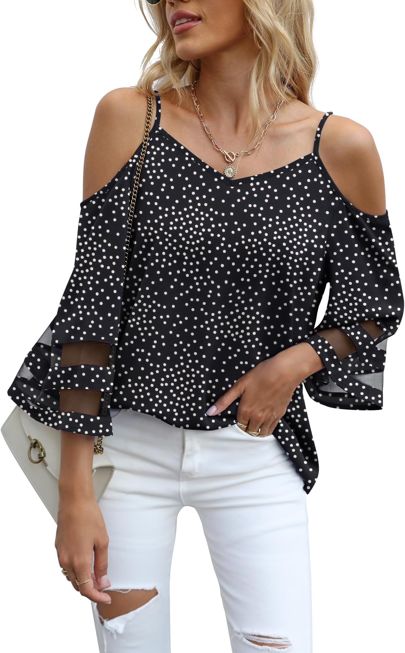 JouicaWomens Summer Cold Shoulder Tops Mesh Panel 3/4 Bell Sleeve Tees Adjustable Spaghetti Strap Loose Fit Shirts