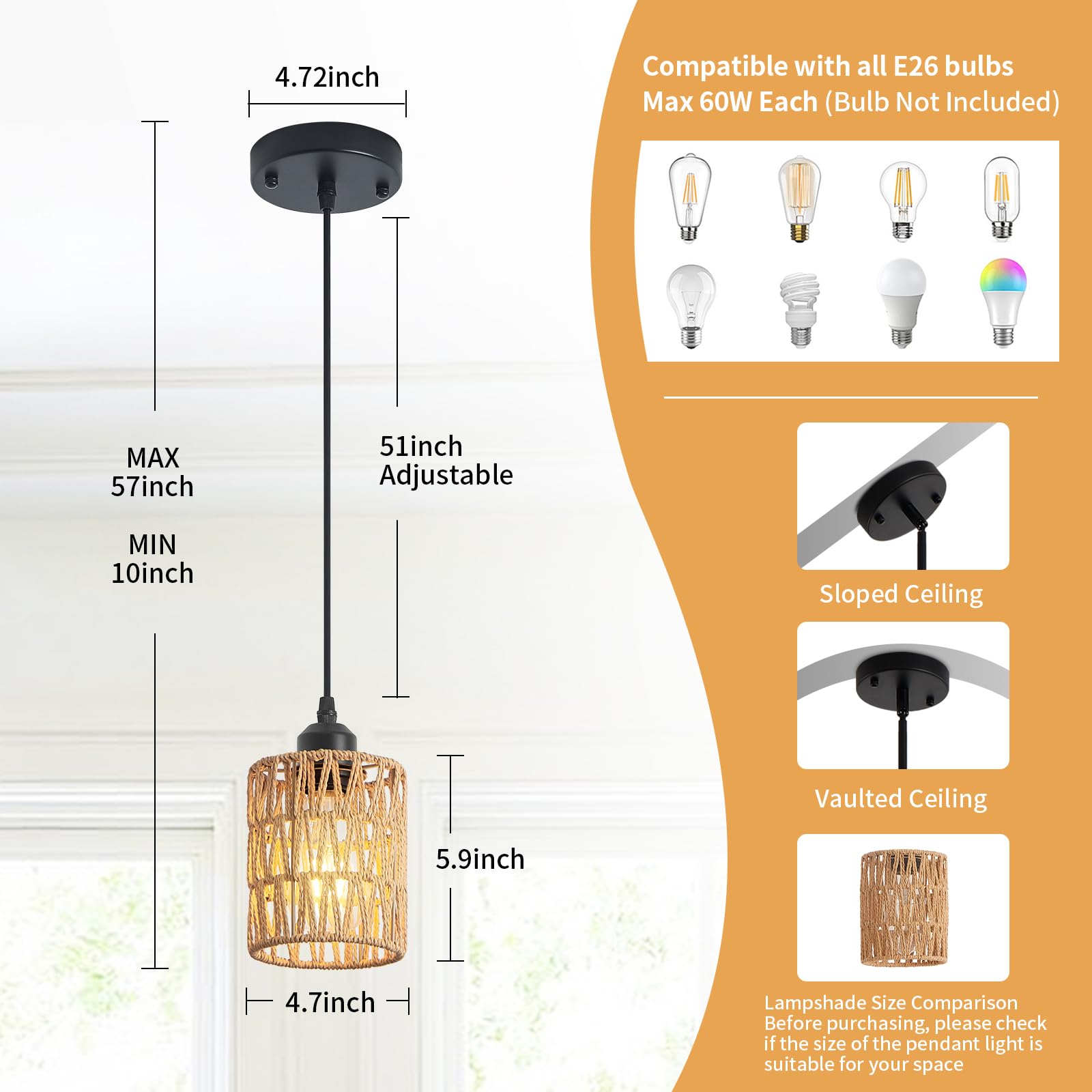 Lámpara colgante de ratán para isla de cocina, lámpara bohemia de granja, lámpara colgante de altura ajustable para comedor, lámparas de techo de cocina pequeñas con pantalla de mimbre tejida a 4