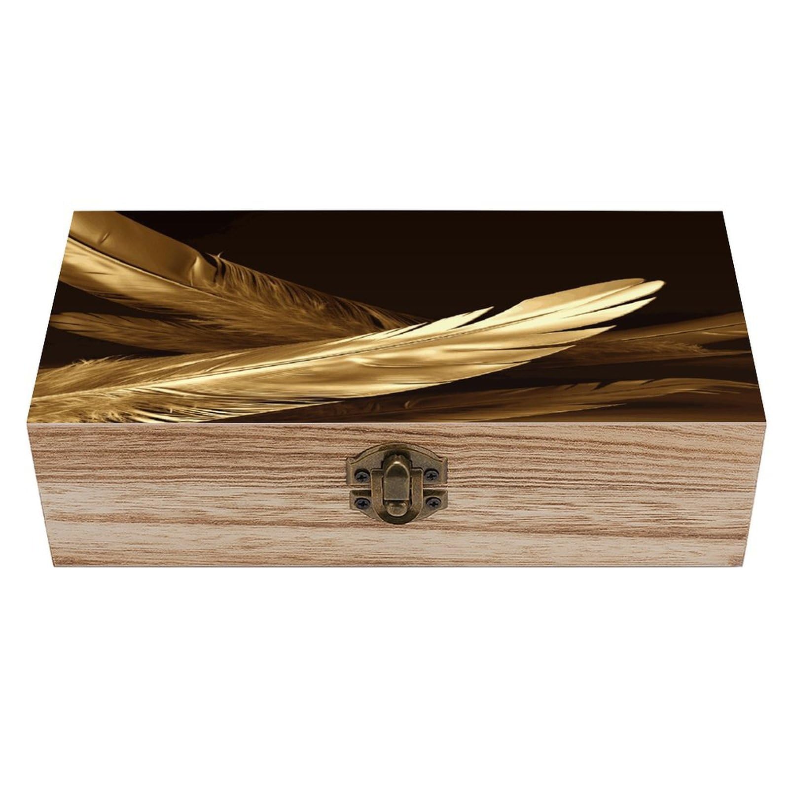 asbwuo Golden Feathers Wood Keepsake Box Wooden Box with Hinged Lid