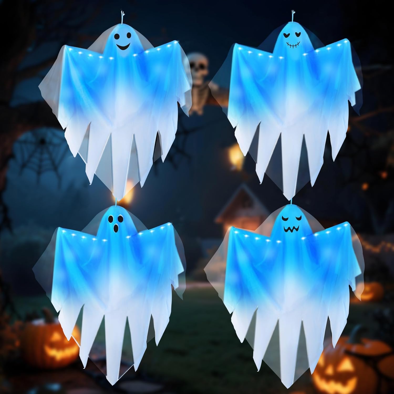 4 Pack Halloween Light up Hanging Ghost Decoration Outdoor, Cute Halloween Decor 31.5" Flying Ghosts with Blue LED Light and Timer for Front Yard Porch Patio Lawn Garden Party Decor Indoor Outdoor