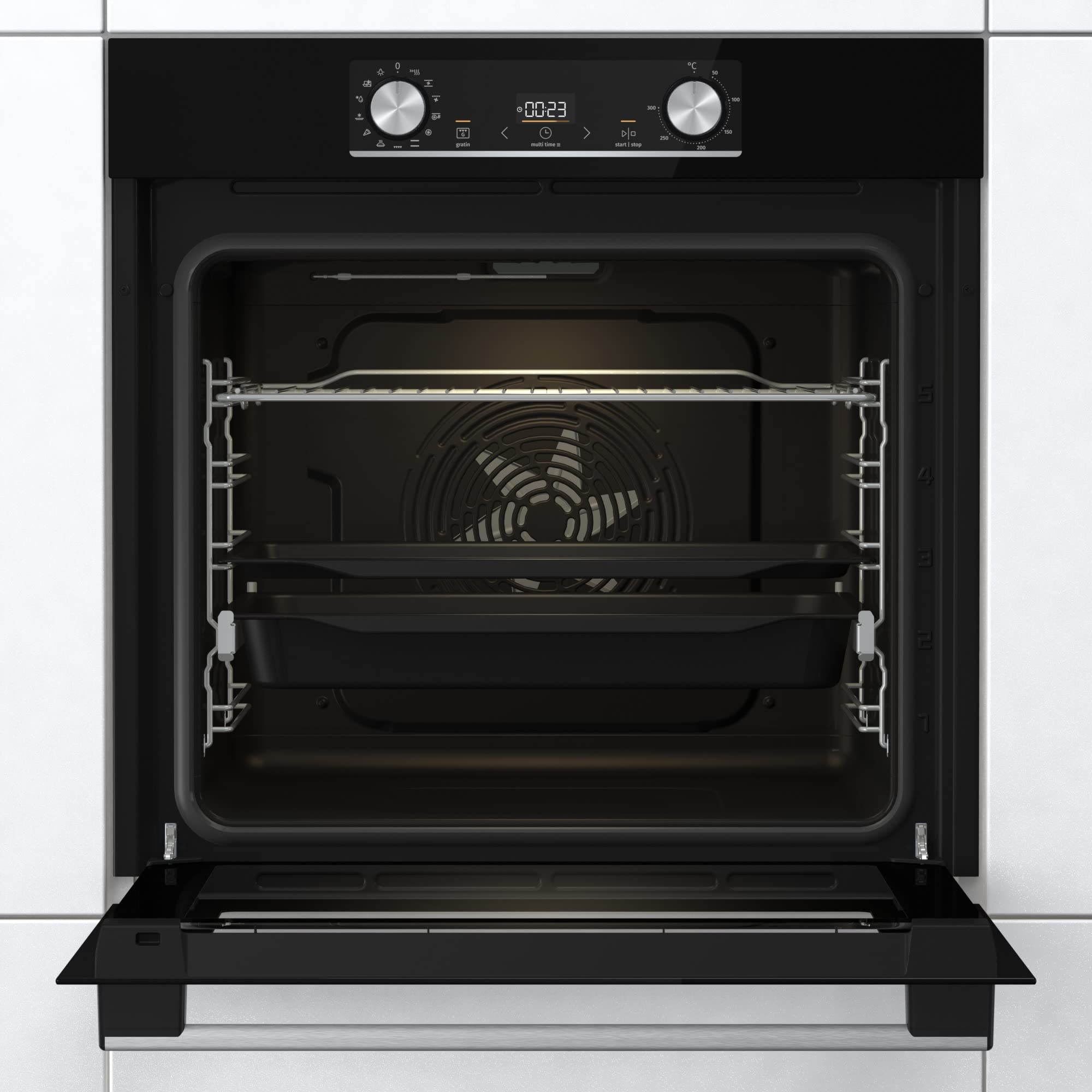 Gorenje OptiBake Black Steam Einbaubackofen-Set 77L Heißluft AquaClean GentleClose AirFry Pizzamode 300°C PerfectGrill Glaskeramik-Kochfeld schwarz