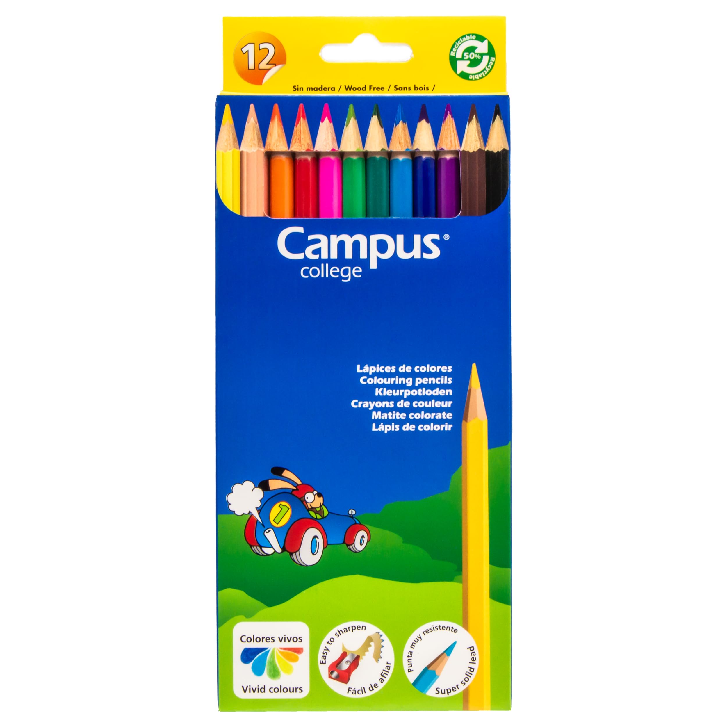 Campus – Lápices de Colores, Caja de 12 Colores Sin Madera para Dibujar y Colorear, Lápices Hexagonales de Colores Intensos, Pinturas de Mina Resistente Para Uso Escolar (Pack de 12)