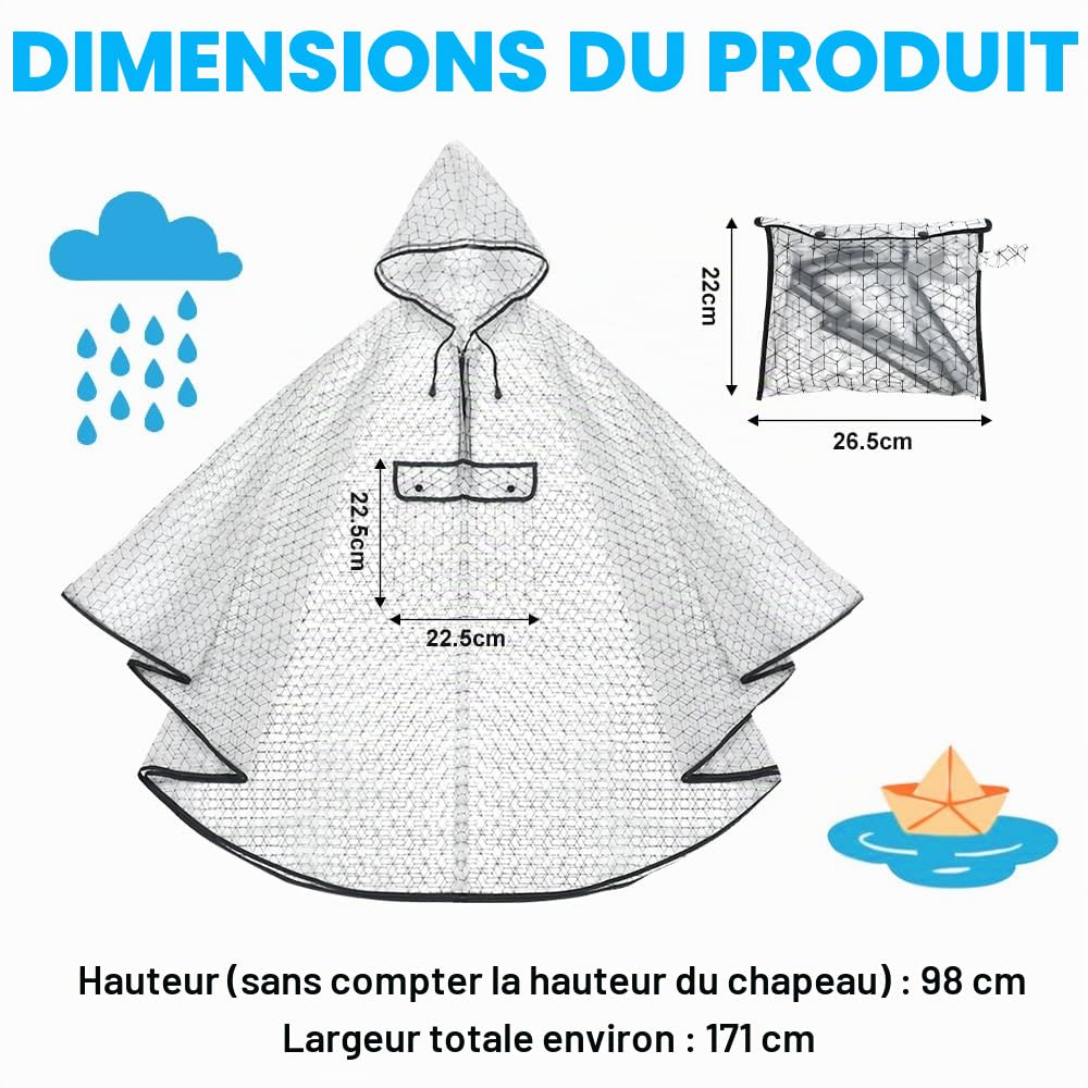 Poncho Pluie Imperméable Cape de Pluie Femme Pliable en EVA Réutilisable avec Sac de Rangement Poncho Imperméable Transparent Vetement Femme pour Velo, Randonnée (Noir)