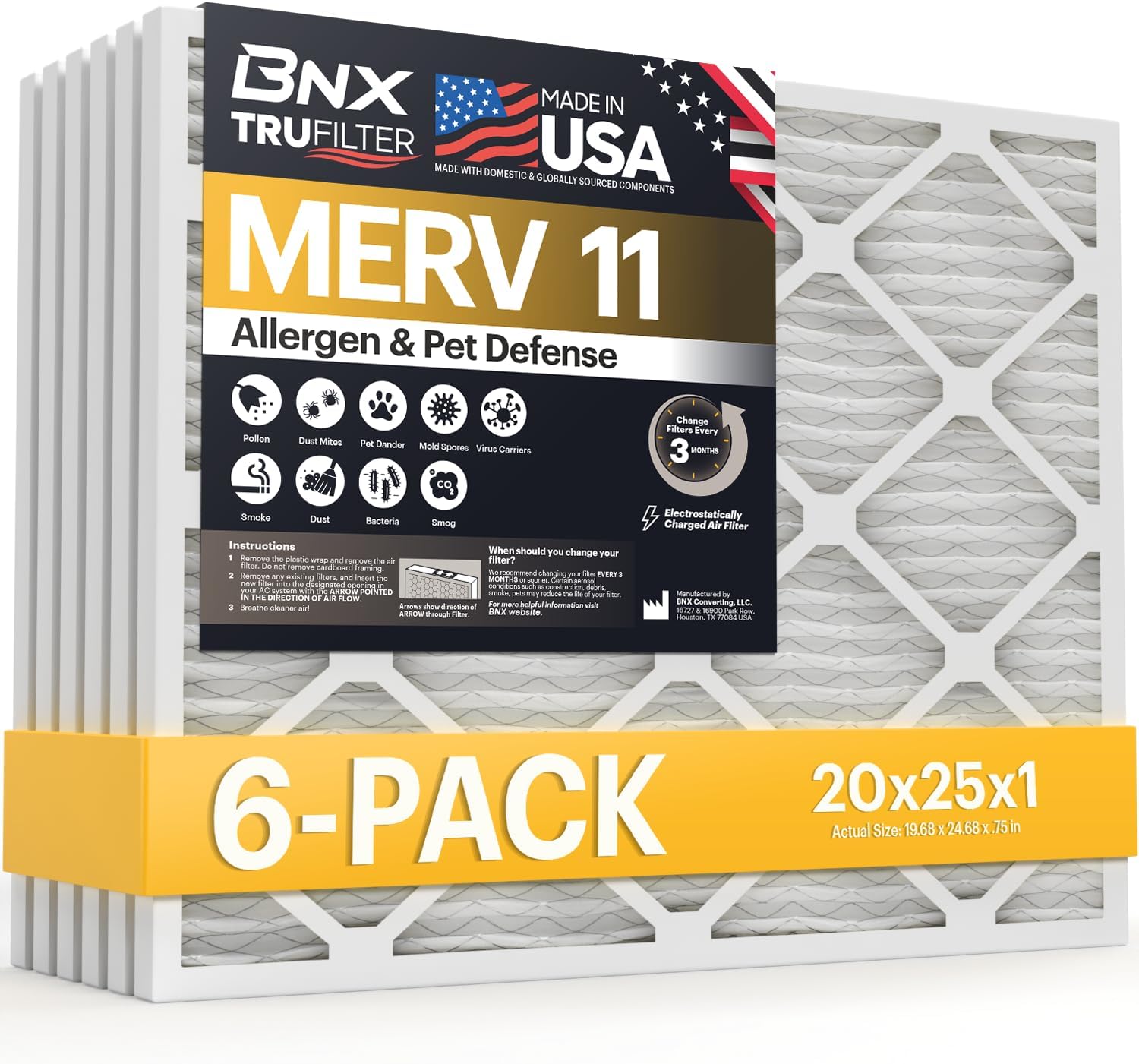 BNX TruFilter 20x25x1 Air Filter MERV 11 (6-Pack) - MADE IN USA - Allergen Defense Electrostatic Pleated Air Conditioner HVAC AC Furnace Filters for Allergies, Dust, Pet, Smoke, Allergy MPR 1200 FPR 7 20x25x1 6-Pack
