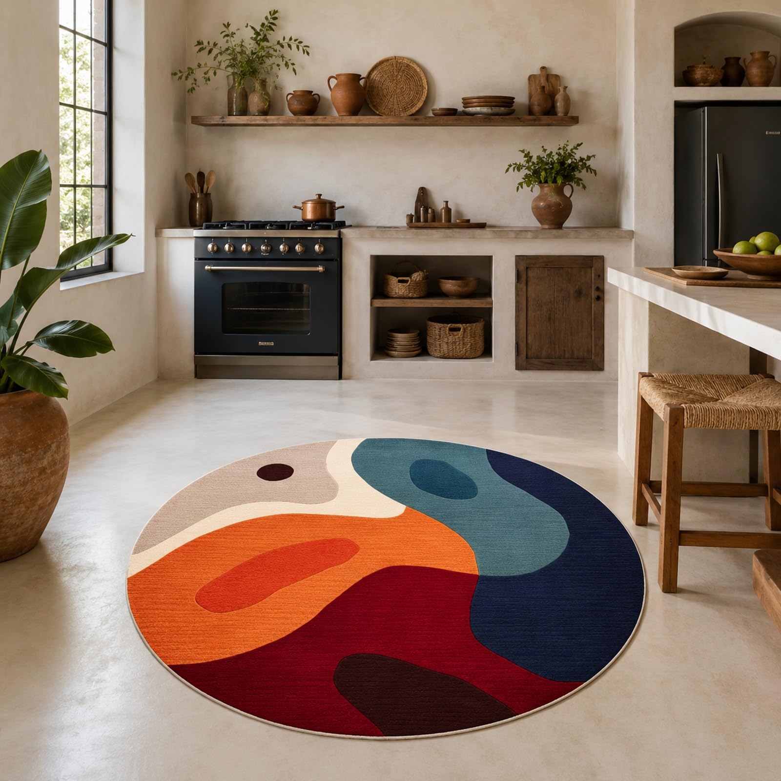 Tapis rond moderne bleu et orange grand tapis de salon 150 cm