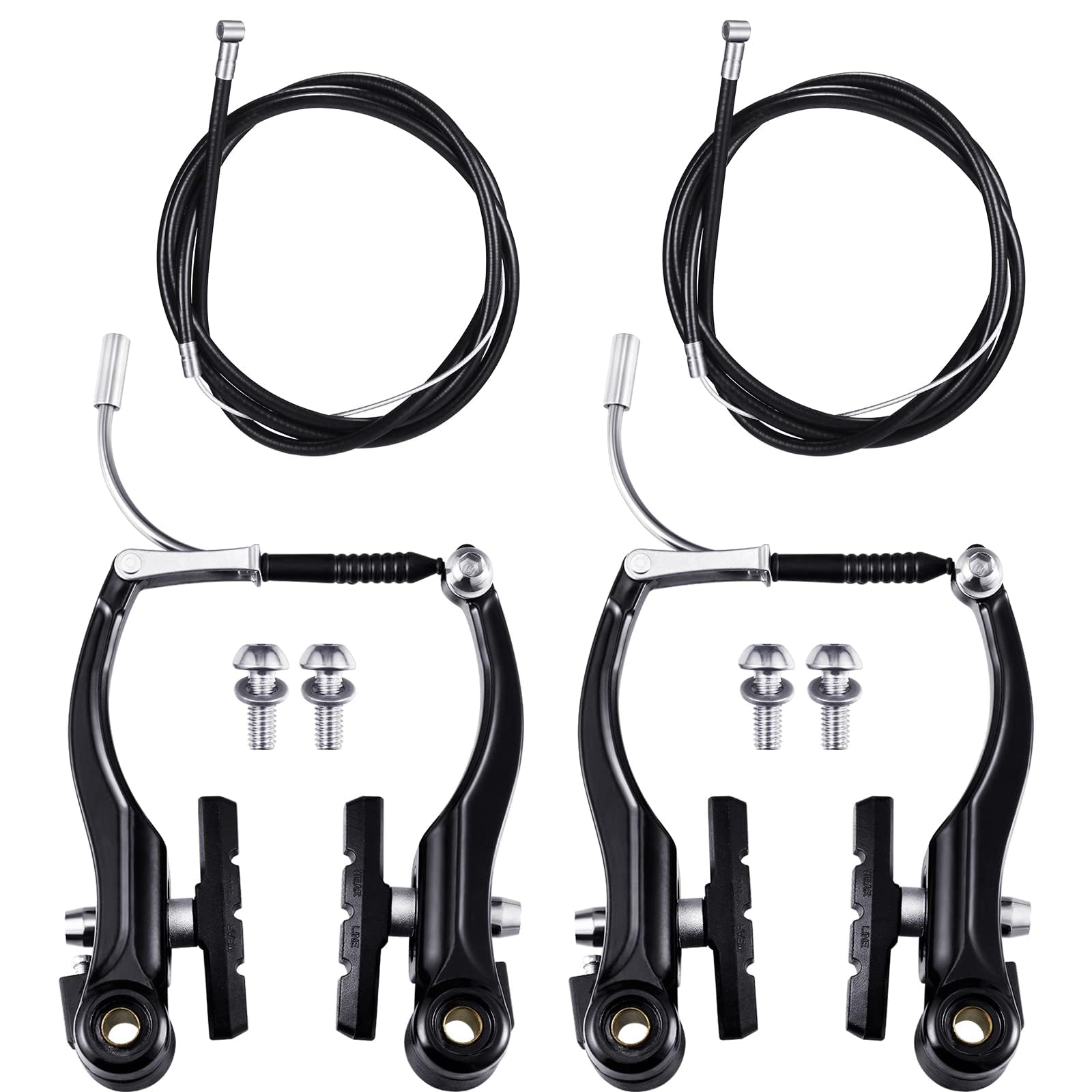Excefore V Bike Brakes Set, 2 Sets Universal Complete Bike Brakes, Mountain Bike Replacement for Most Bicycle, Road Bike Brakes Cables with Front Back Wheels End Caps, End Ferrules, Black