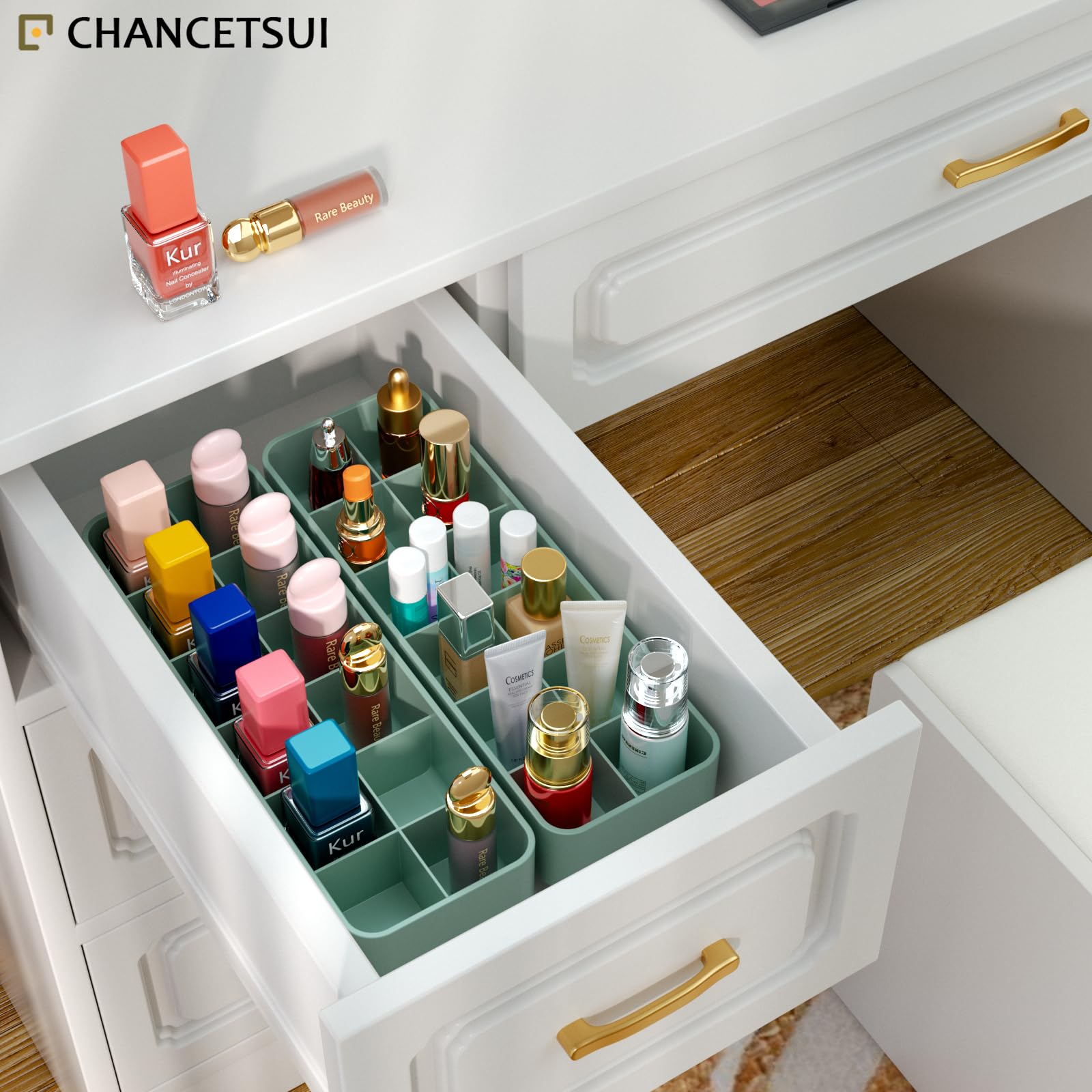 Organizer Holder for Lipstick Nail Polish: Lip Gloss Makeup Storage Drawer Organizers, Vanity Small Perfume Rack Plastic Tray Lipgloss Mascara Holders Stand Cosmetic Display Case 24 Spaces, Green