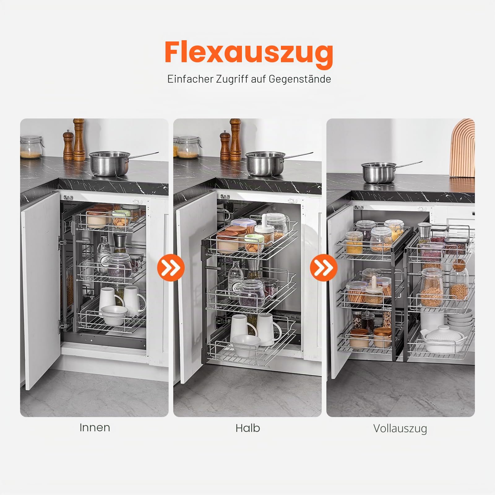 VEVOR Küchenschrank-Organizer mit 3 Ebenen & 6 Ablagen, Aufbewahrungskorb aus verchromtem Karbonstahl, Aufbewahrungs-Organizer, links und rechts zu öffnen, min. Türöffnungsbreite 38 cm