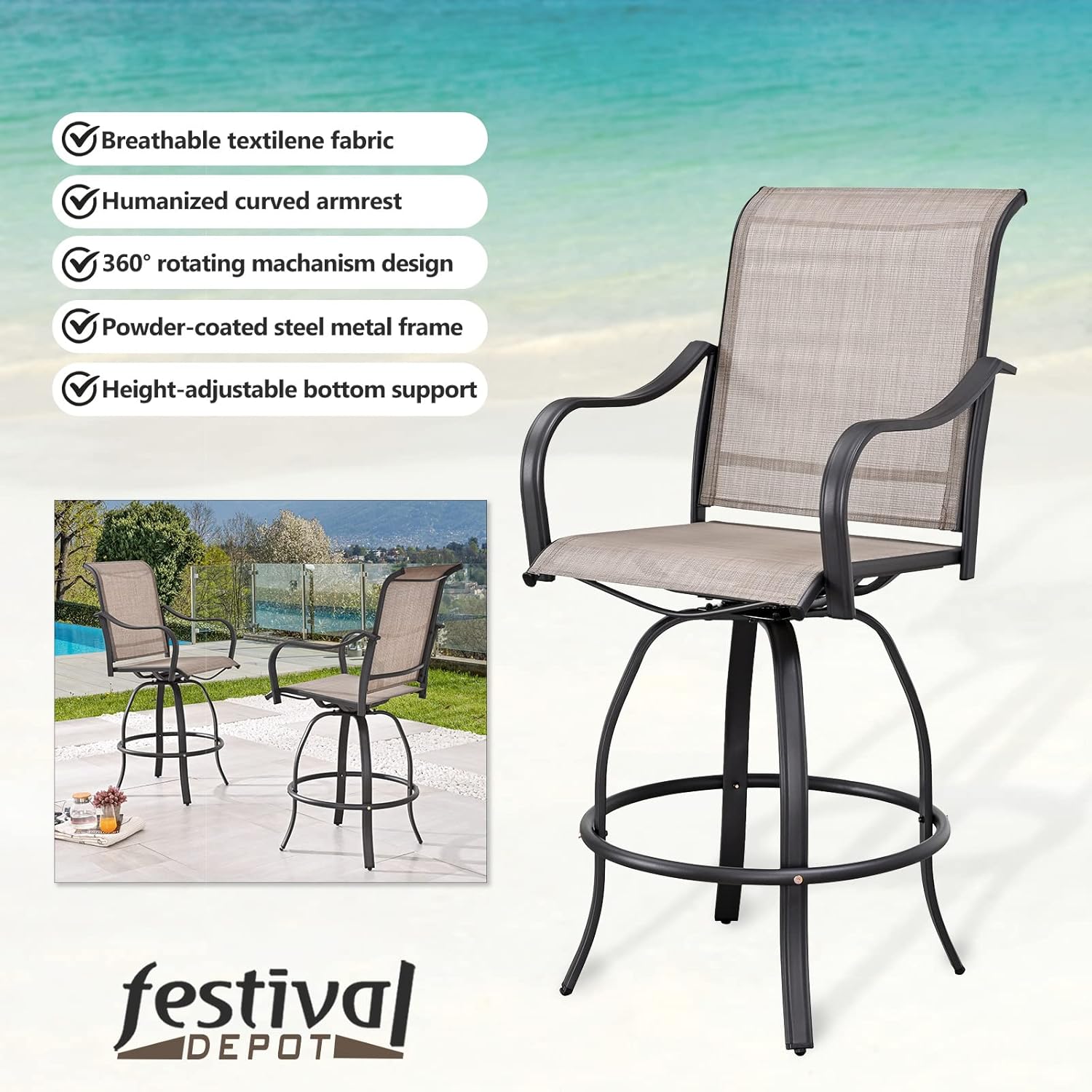 Festival Depot 3 Pcs Patio Bistro Set 360° Swivel Chairs with Bar Height Table with Tempered Glass Top Outdoor Furniture for Deck (Taupe)