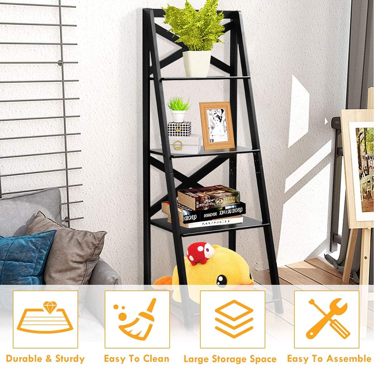 4-Layer Ladder Shelf Rack, Free Standing Wooden Bookcase, Flower Plants Display Shelf, Multifunctional Storage Bookshelf for Entryway Living Room Kitchen Bedroom Office (1, Black)