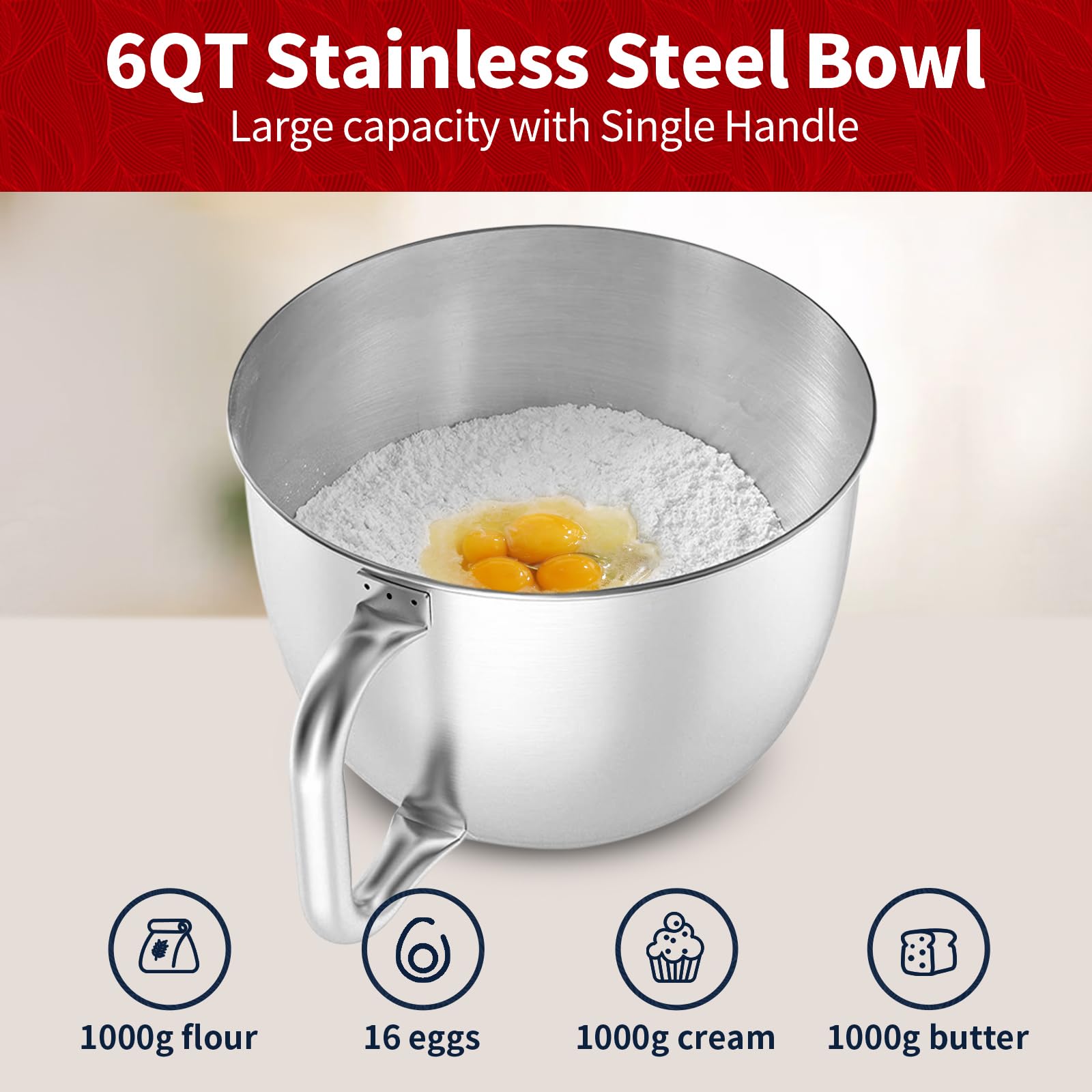 Batidora de pie, 6 cuartos de galón 600 W, mezclador de masa de cabeza inclinable, mezclador de 6+P velocidad de cocina con cuenco de acero inoxidable, gancho de masa apto para lavavajillas, batidor 4