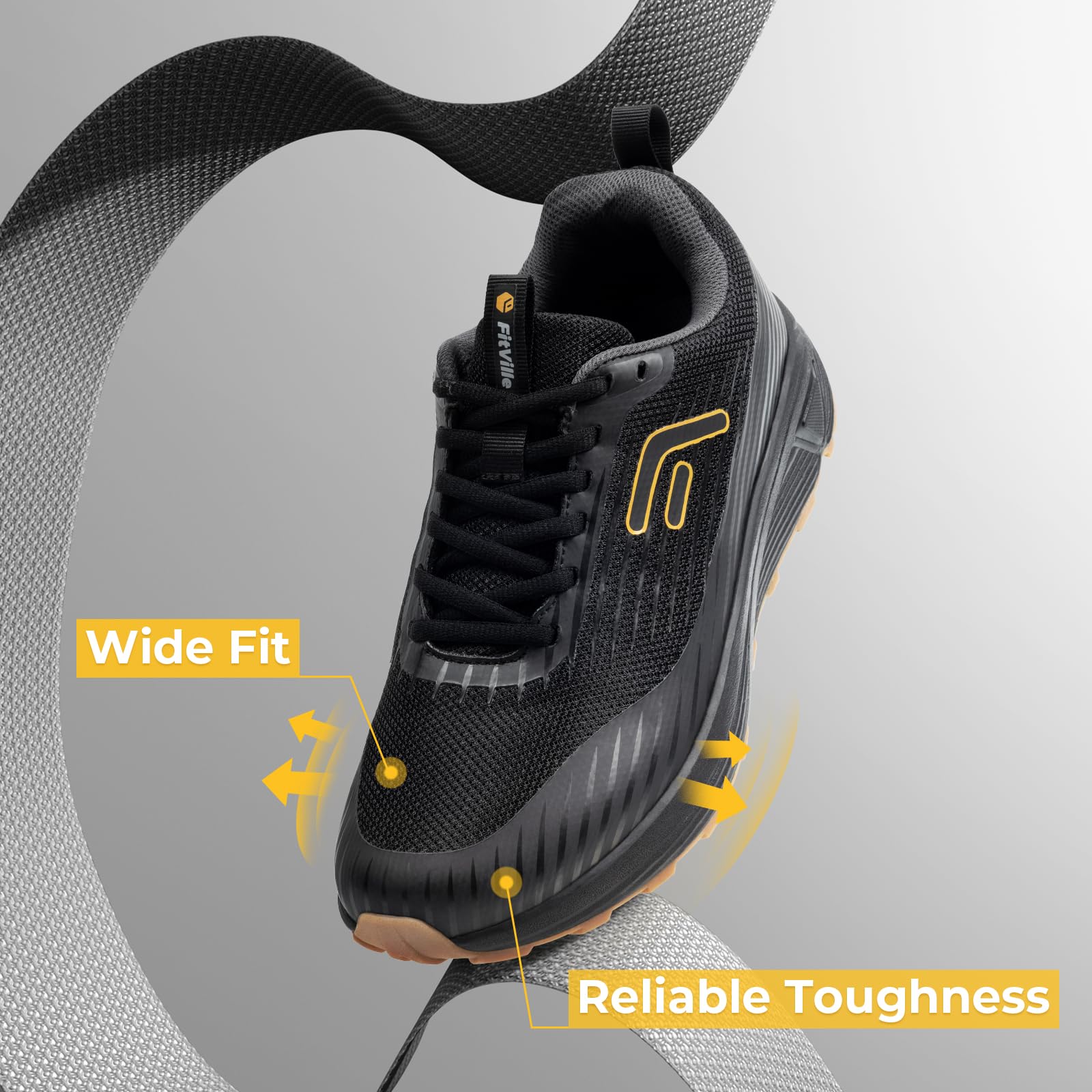 FitVille Extra Wide Walking Shoes for Men Orthopedic Trail Running Shoes Sneakers for Plantar Fasciitis Foot Pain Relief, Size 12 X Wide Black