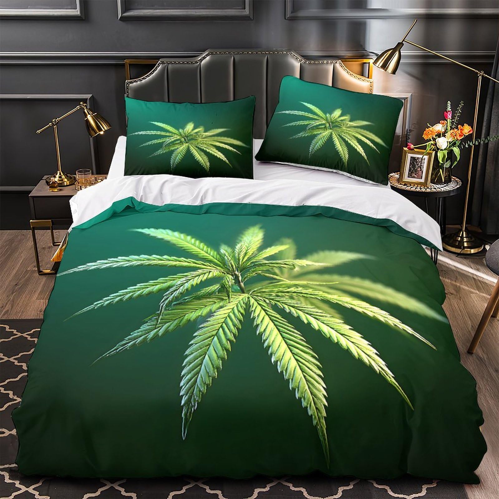Housse de couette cannabis hypoallergénique en microfibre douce résistante aux lavages