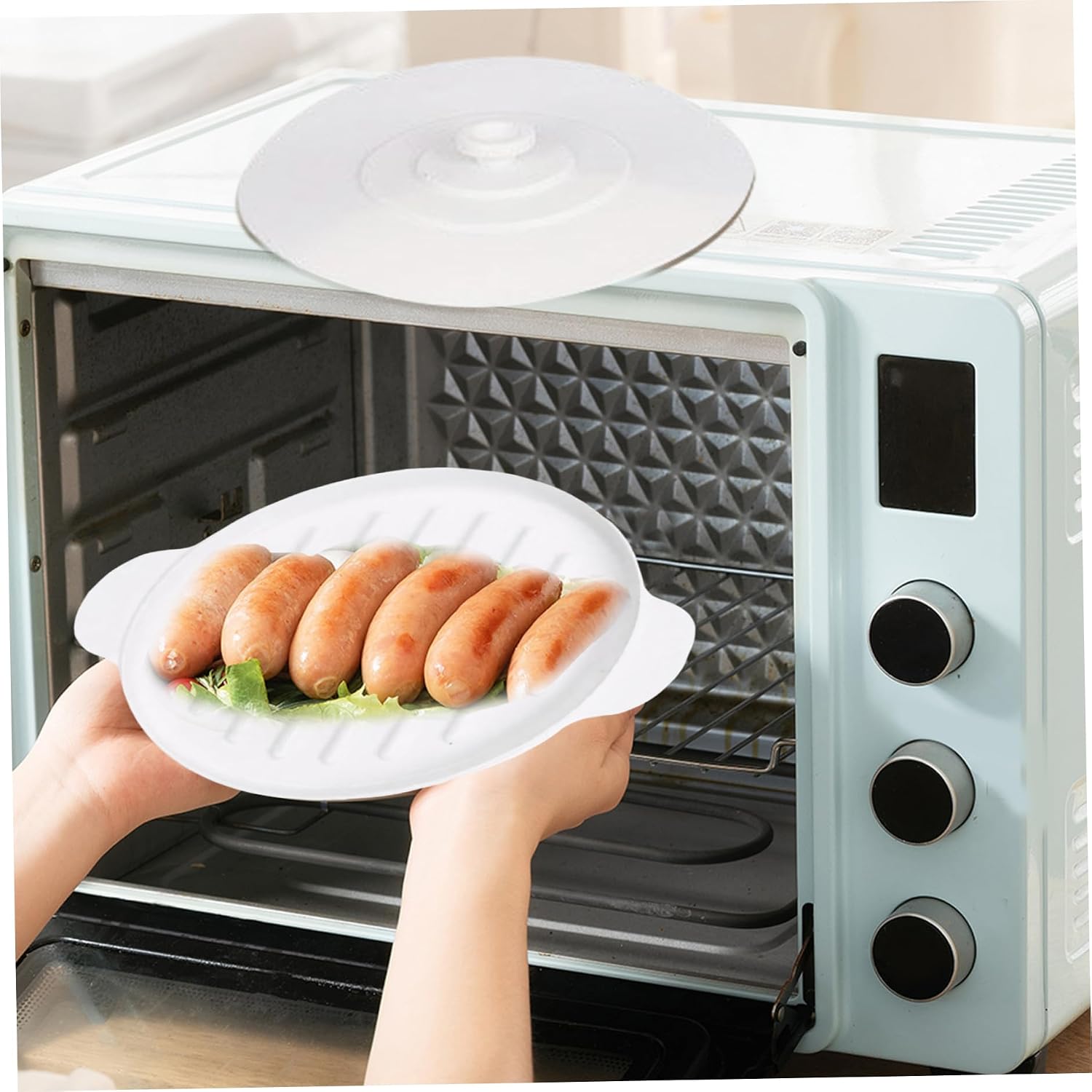 Microwave Bacon Tray with Lid 9.5x7.8 Inch Round Silicone Baking Pan Heat-Resistant Bacon Tray with Dual Ears for Cooking Roasting Steaming