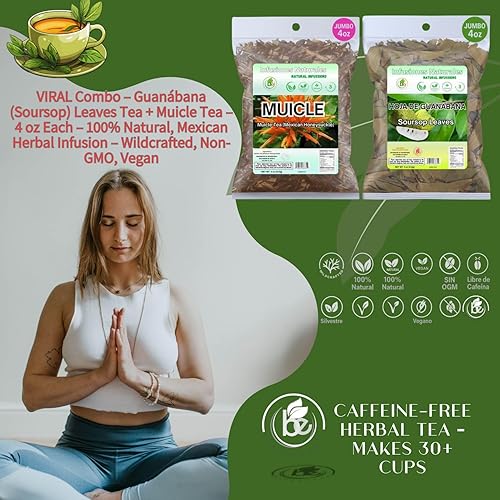Miniatura 4 de Té de hierbas de hojas de guanábana (guanábana)  4 onzas + té de hierbas Muicle (madreselva mexicana)  4 onzas  Hoja suelta silvestre  100% natural,