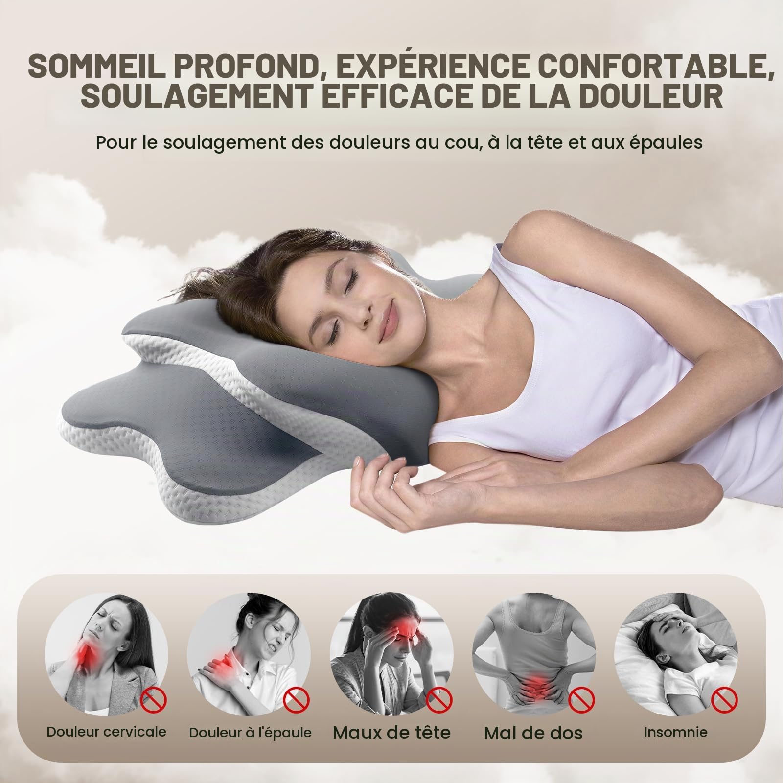A-Pce Oreiller Ergonomique en Mousse à Mémoire de Forme, Gris Clair