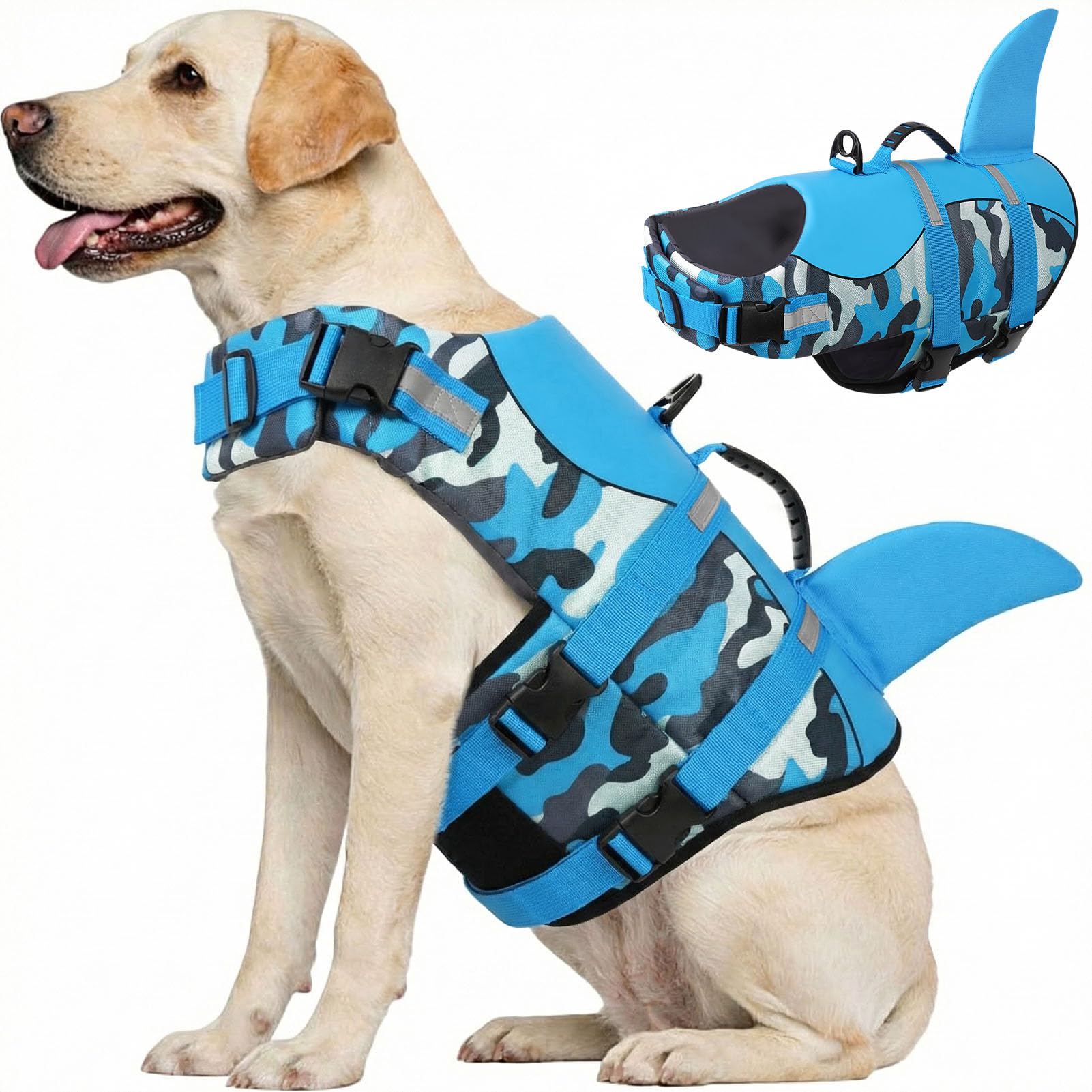 CITÉTOILE Salvagente per Cane, Giubbotto Salvagente per Cani, Ripstop Regolabile Squalo Giubbotto di salvataggio, Leggero e Sicuro per Gli Sport Acquatici, Blu mimetico, XXL