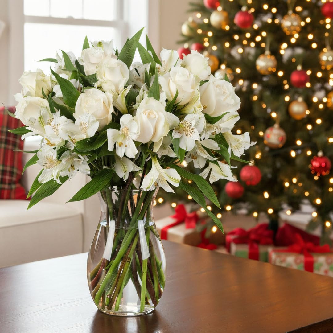 Benchmark Bouquets - Elegance Roses & Alstroemeria (Glass Vase Included) - Fresh Flowers for Next Day Delivery - Gift for Birthday, Anniversary, Sympathy, Get Well, Valentine's Day, Wedding: White/White