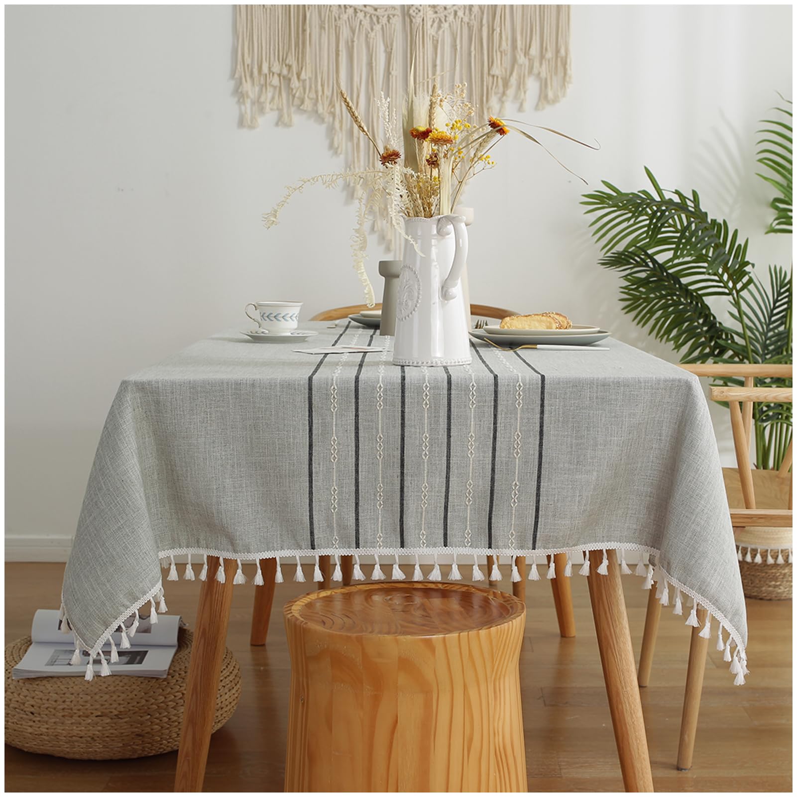 Bawełniany, lniany obrus, 130 x 205 cm, szary, pyłoszczelny, obrus na stół z frędzlami, elegancki ochraniacz na stół do jadalni, kuchni, restauracji i na specjalne okazje