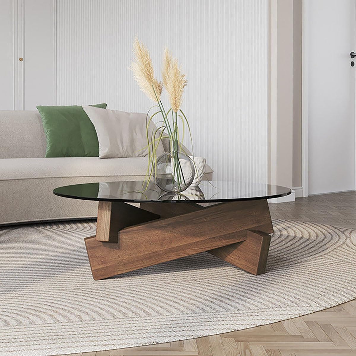Runde Couchtische Aus Glas, Kleiner Couchtisch Für Wohnzimmer, Rustikaler Kaffeetisch Für Landhausstil, Massivholzsockel, Einsteck- Und Zapfenstruktur, 70x70x31cm, Schwarz