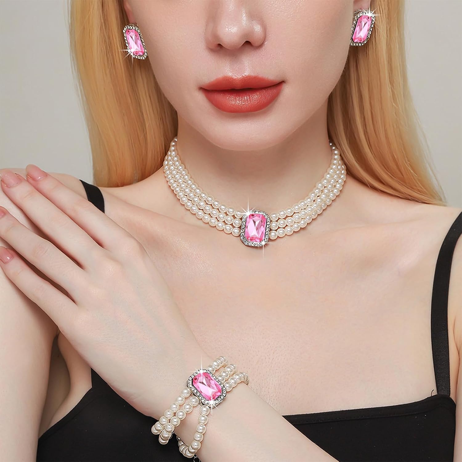 IFKM Silver Jewelry Sets For Women Rhinestone Pearl Crystal CZ Choker Necklace Earrings Bracelets Set For Bridal Bridesmaid Accessories Wedding Prom Anniversary Birthday Gifts image 2