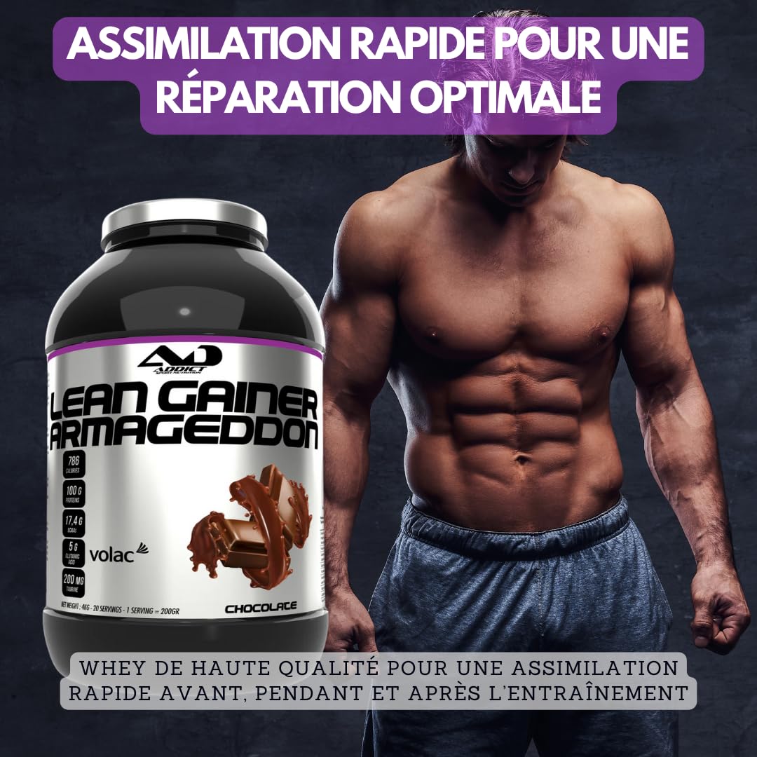 Addict sport nutrition - Armageddon - Protéine de musculation - 100g de protéines par portion - Gainer avec whey rapide, BCAA, L-Glutamine et Maltodextrine - Prise de masse - 2 Kg -Chocolat - noisette