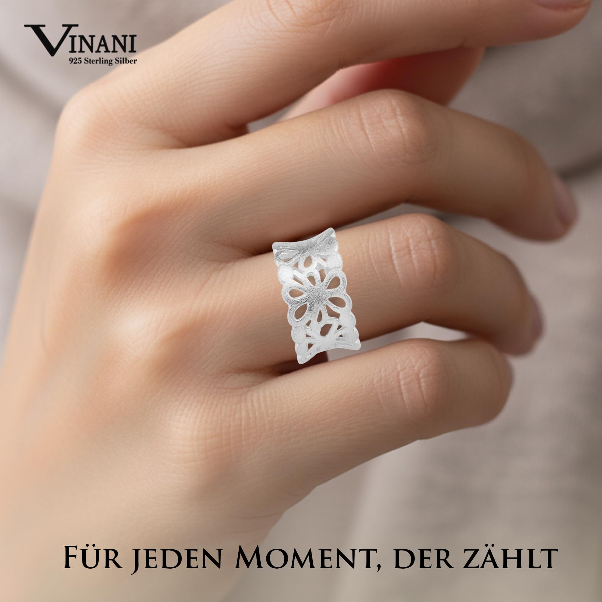 Vinani Diseño anillo de flores de plata de ley 925 cepillada, diseño de flores 2RFL