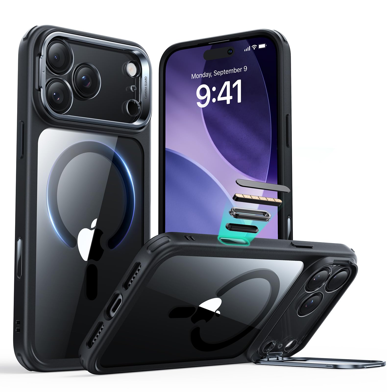 ESR for iPhone 17 Pro Case with Stand, Camera Control Cover Compatible with MagSafe, Military-Grade Drop Protection Magnetic Phone Case for iPhone 17 Pro, Scratch-Resistant Back Cover, Clear Black