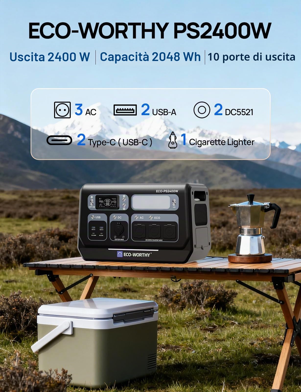 ECO-WORTHY Generatore Elettrico Solare Portatile 2400W, 2048Wh LiFePO4 Batteria 10 Porte, Potenza di Picco 4800W, WIFI e Funzione Bluetooth, Adatto per Camper, Campeggio e Emergenze a Casa