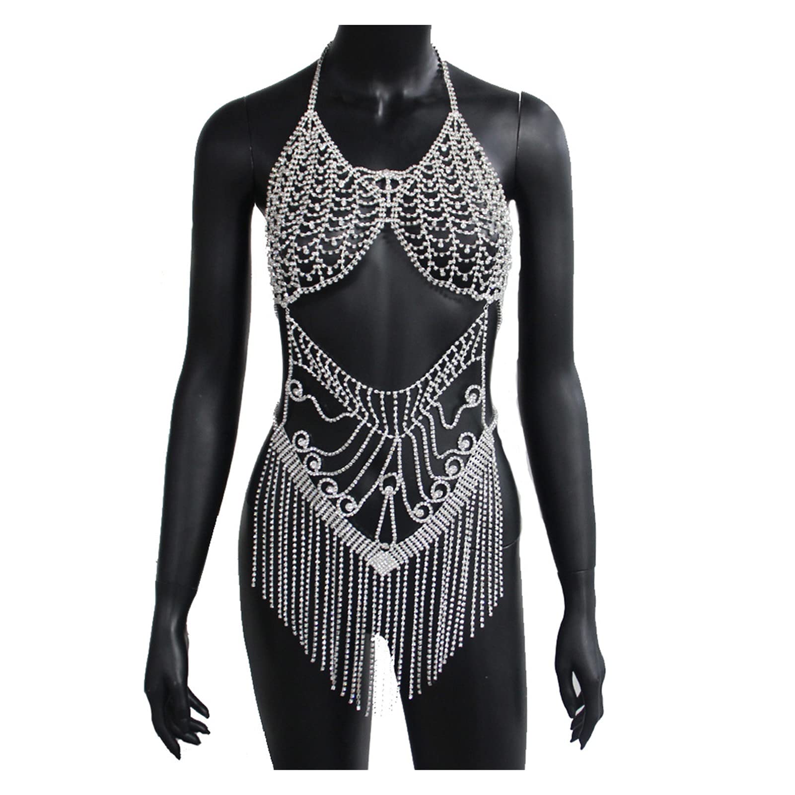 Chaîne de Corps Bijoux Brillants chaîne complète Harnais Cristal Soutien-Gorge Ensemble Gland Strass Body boîte à Bijoux de Corps Cadeau pour Les Femmes (l Couleur : plaqué Argent)
