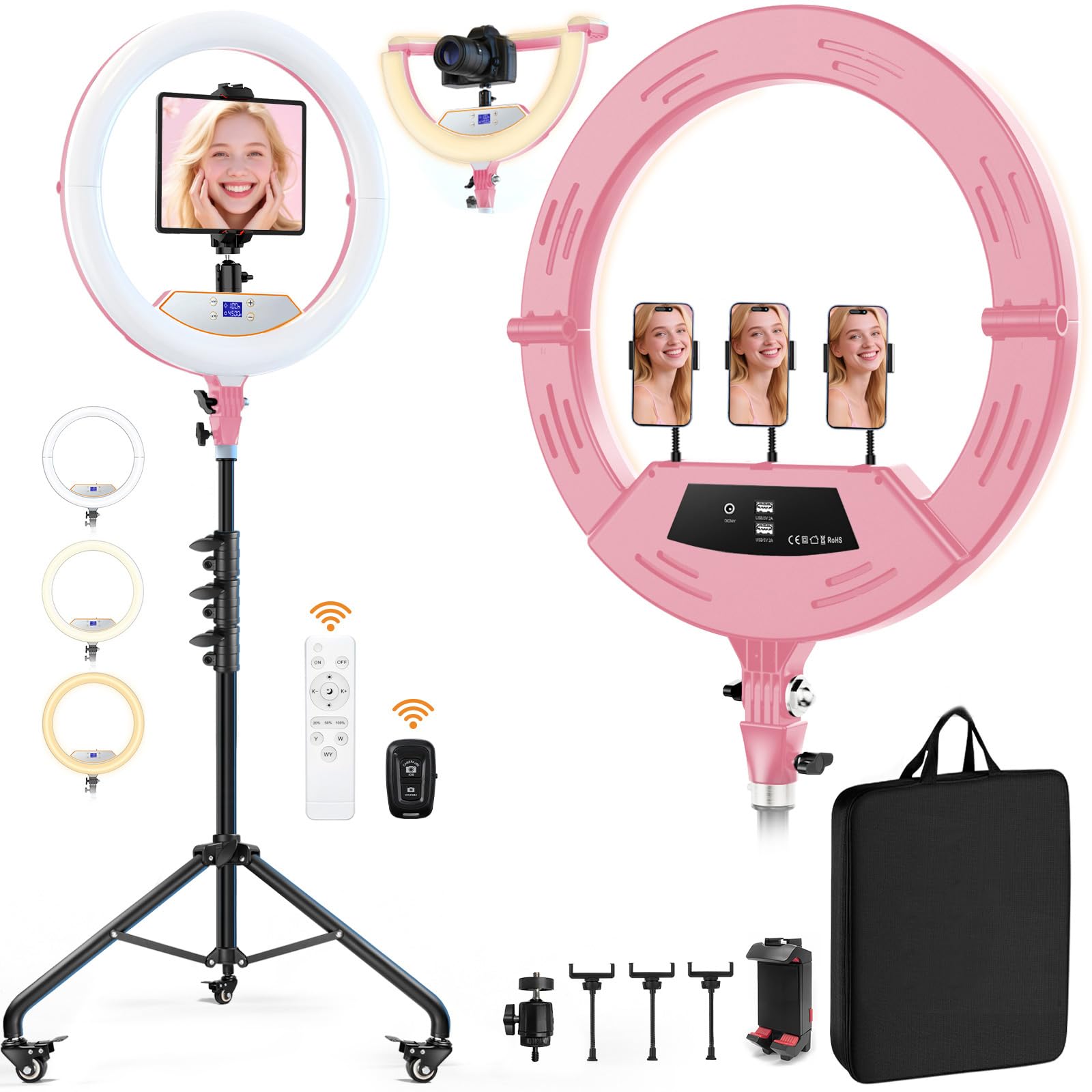 Mactrem 22" Foldable Ring Light with Stand for iPhone ipad, 75" Tripod with Wheels 50W 6500K LED Display/2 USB Ports Large Ringlight Rolling, Tattoo Barber Makeup Studio Video Photography Lighting(Pink)