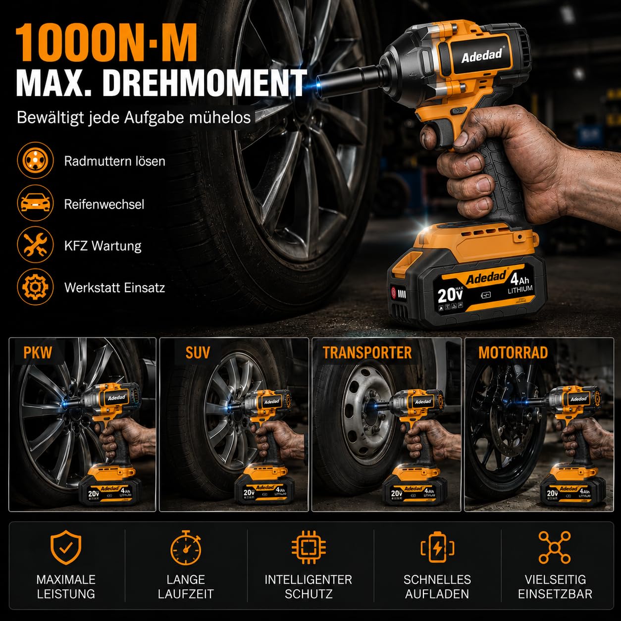 Adedad Cordless Impact Wrench 1000N.m 1/2 inch High Torque Impact