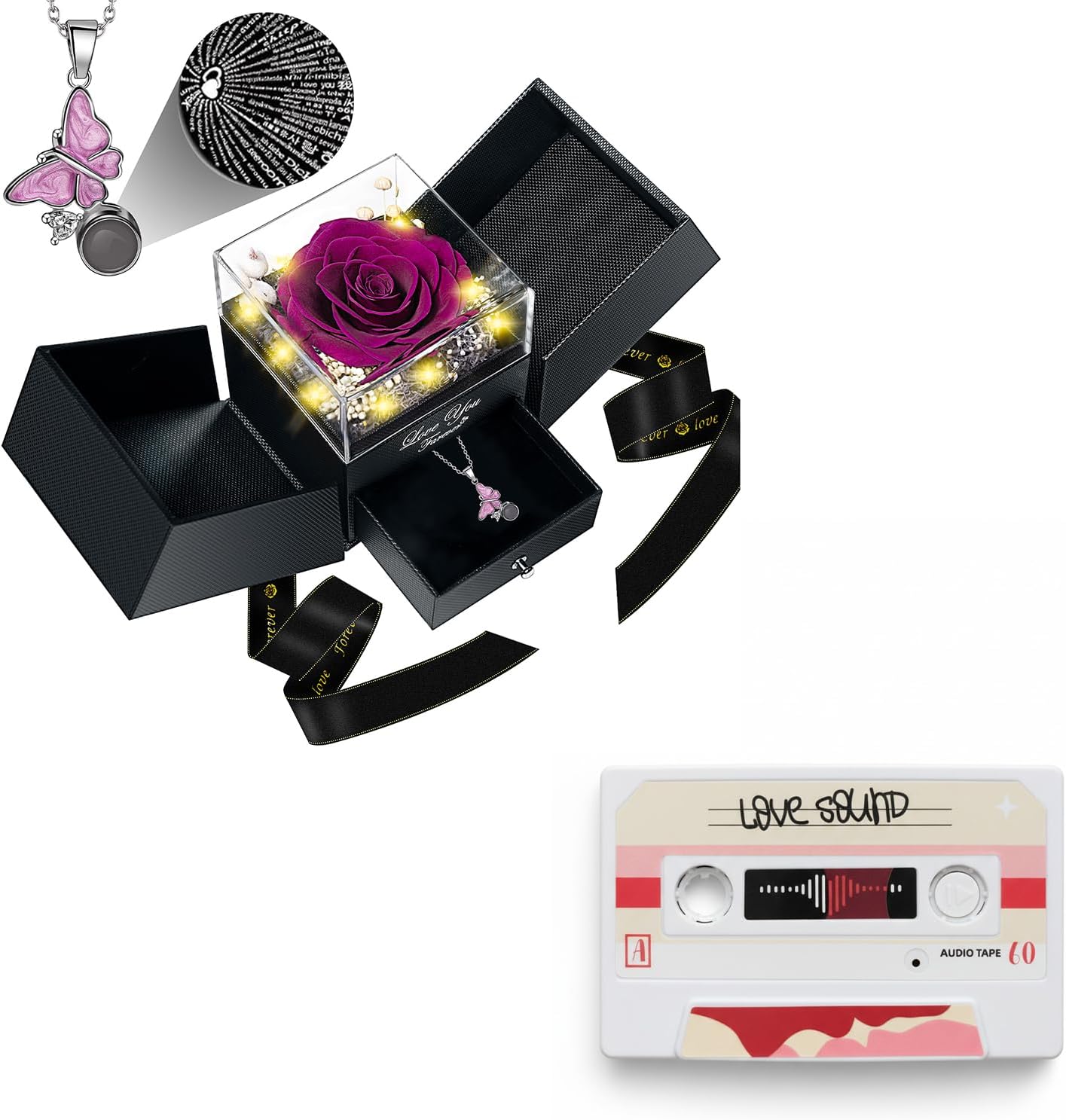 DRTINA Preserved Purple Real Rose Gifts+Voice Recordable Greeting Card Bundle