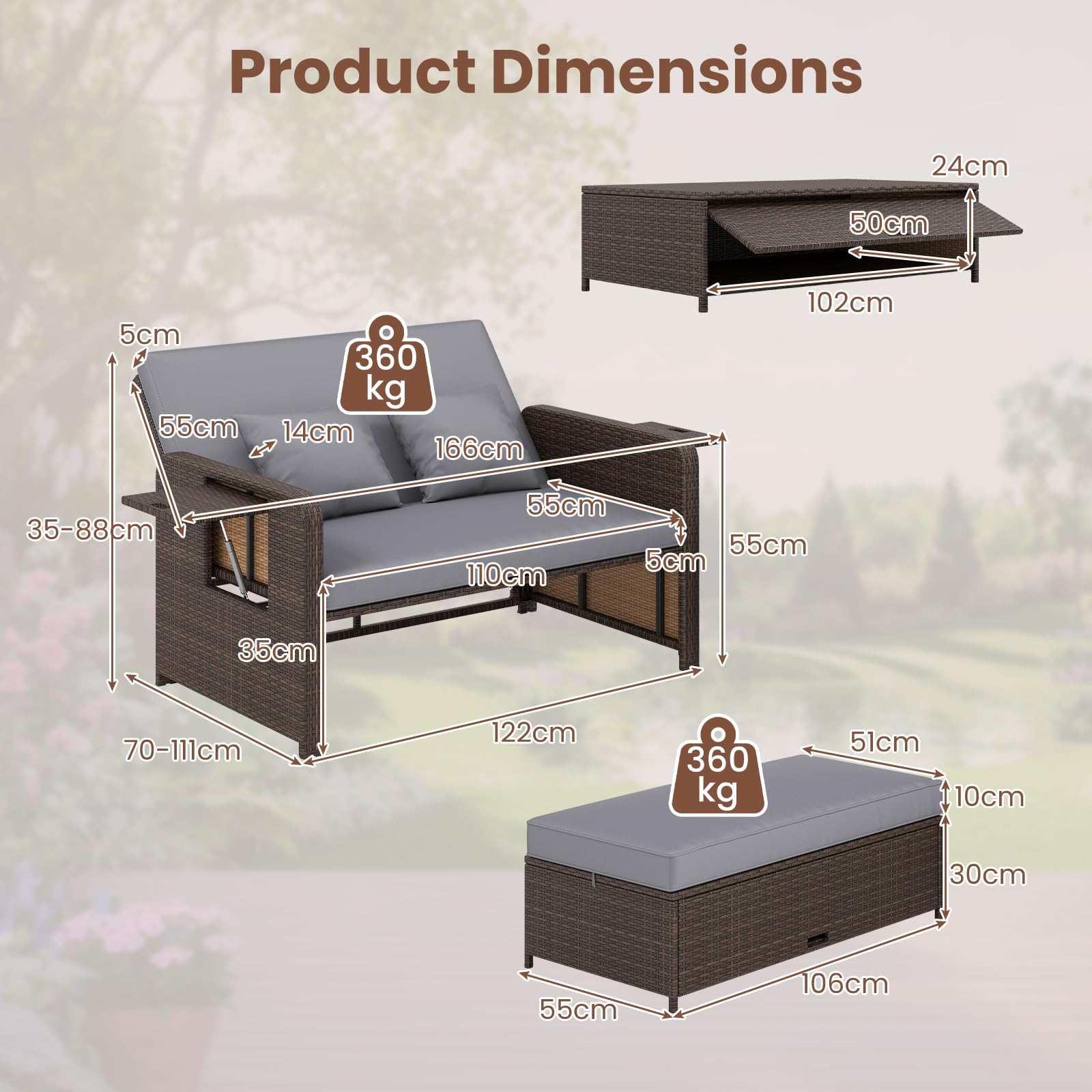 GIANTEX Divano da Giardino in Rattan con Poggiapiedi, Doppio Divano da Esterno con Schienale Regolabile, Mobili da Giardino per Terrazza, Balcone, Cortile
