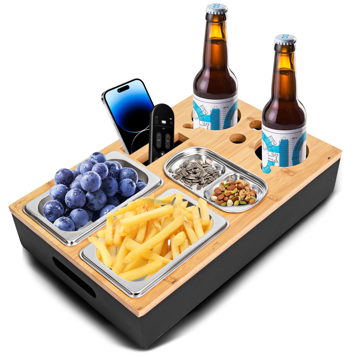 Couchbar Snackbox Schwarz Mit Snackschalen Aus Edelstahl Sofa Tablett Geeignet für Wohnzimmer, Sofa, Garten, Picknickparty (Schwarz)