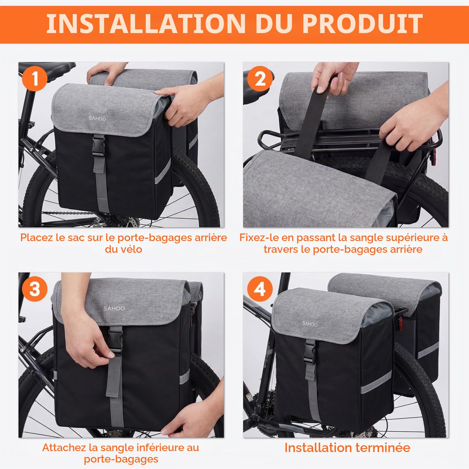 40L Sacoche Vélo Double, Sacoche Velo Porte-Bagage Arrière Étanche Grande Capacité avec Poignée de Transport Bandes Réfléchissantes Sacoche Porte Bagage Velo pour Vélo/VTT(36x17x34cm, Noir)
