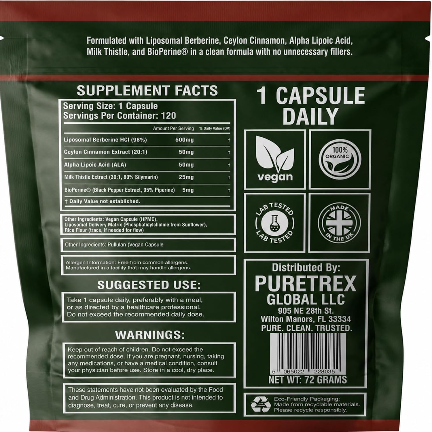 Berberine HCl 500mg, Cinnamon, ALA & Milk Thistle, 120 Caps — Amazon image 2