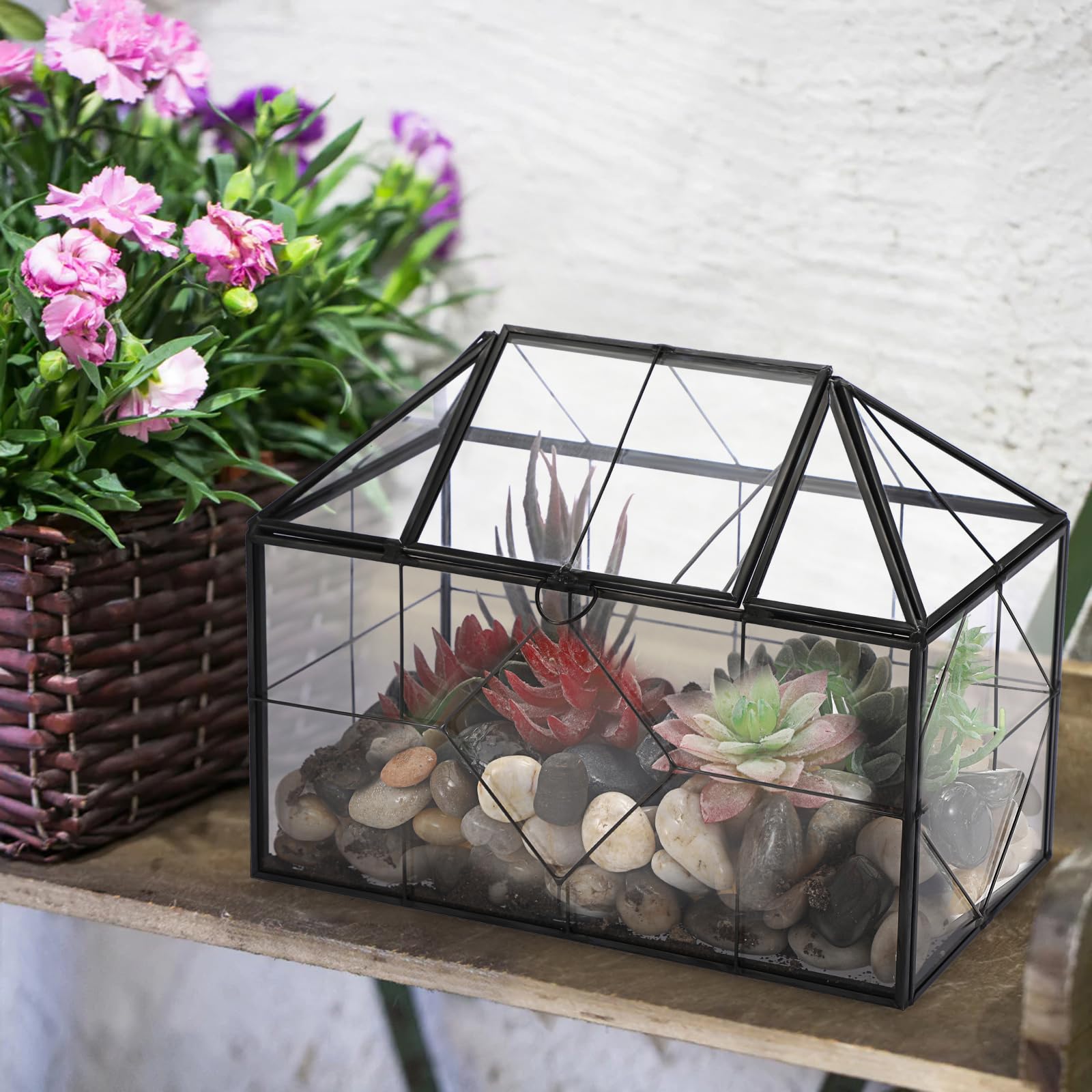 SUMTree Terrario de cristal negro para plantas con rejilla cuadrada, contenedor de musgo de jardín con tapa oscilante, caja de exhibición de plantas suculentas (rejilla cuadrada)