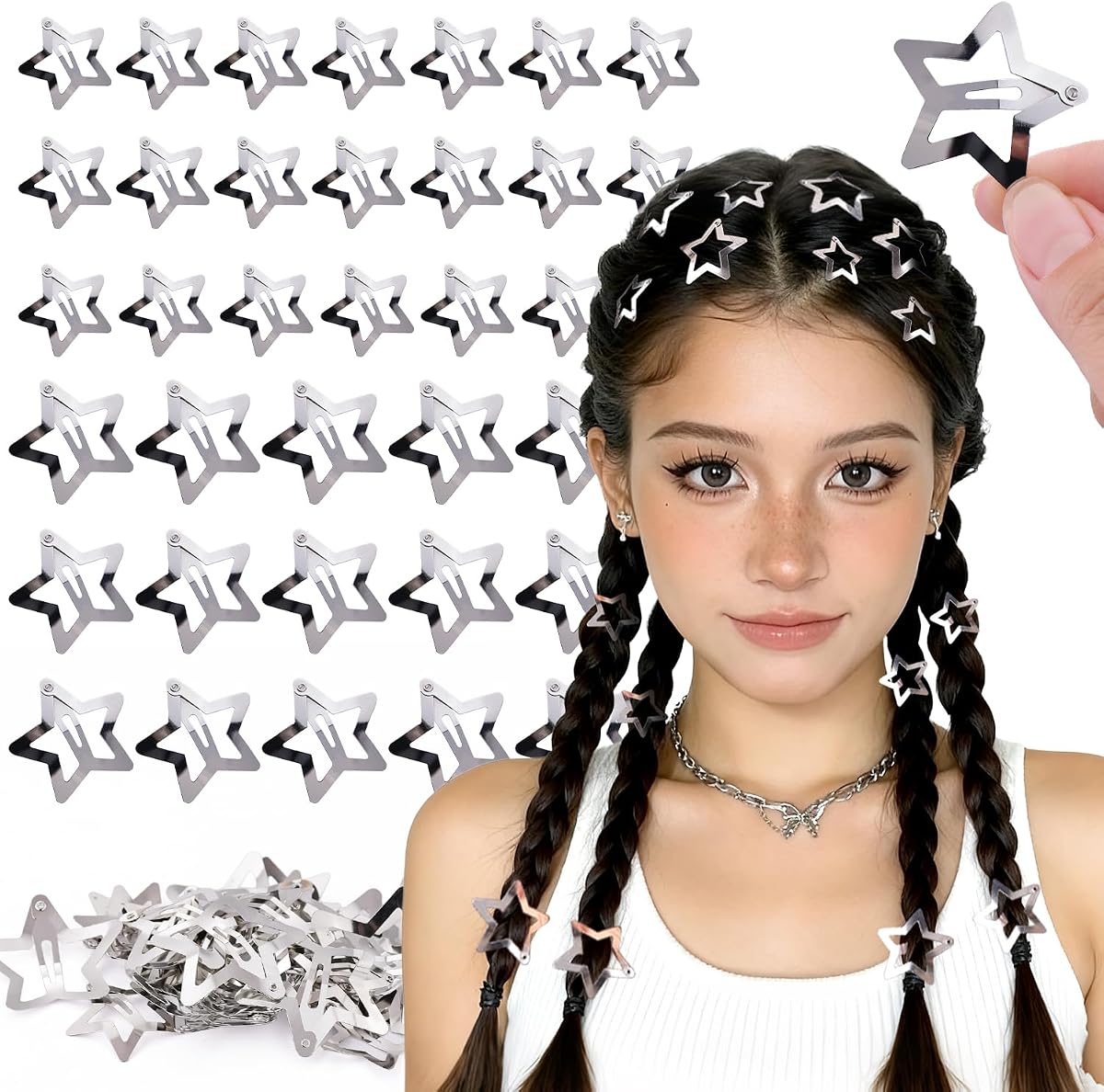 35 PCS Silver Star Hair Clips Barrettes, 1.18&1.57 Inch Snap Y2K Hair Clips | Cool Star Hair Accessories,Small Snap Clips for Hair,Non-slip Mini Star Barrettes,Metal y2k Hair Accessories for Girls Women