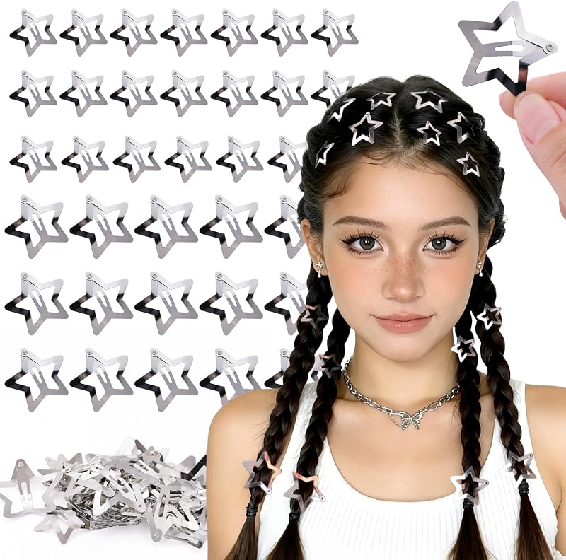 35 PCS Silver Star Hair Clips Barrettes, 1.18&1.57 Inch Snap Y2K Hair Clips | Cool Star Hair Accessories,Small Snap Clips for Hair,Non-slip Mini Star Barrettes,Metal y2k Hair Accessories for Girls Women