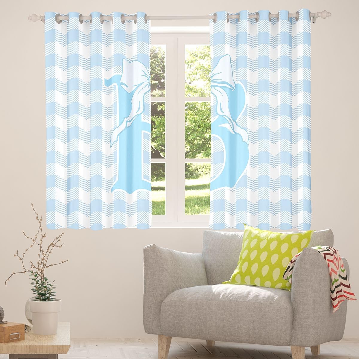 Feelyou Blue Bowknot Blackout Curtains Cute Plaid Checkered Darkening Drapes for Bedroom Living Room Decor Personalized Letter B Thermal Insulated Shades Window Treatments, 2 Panels 38 x 45 Inch image 4