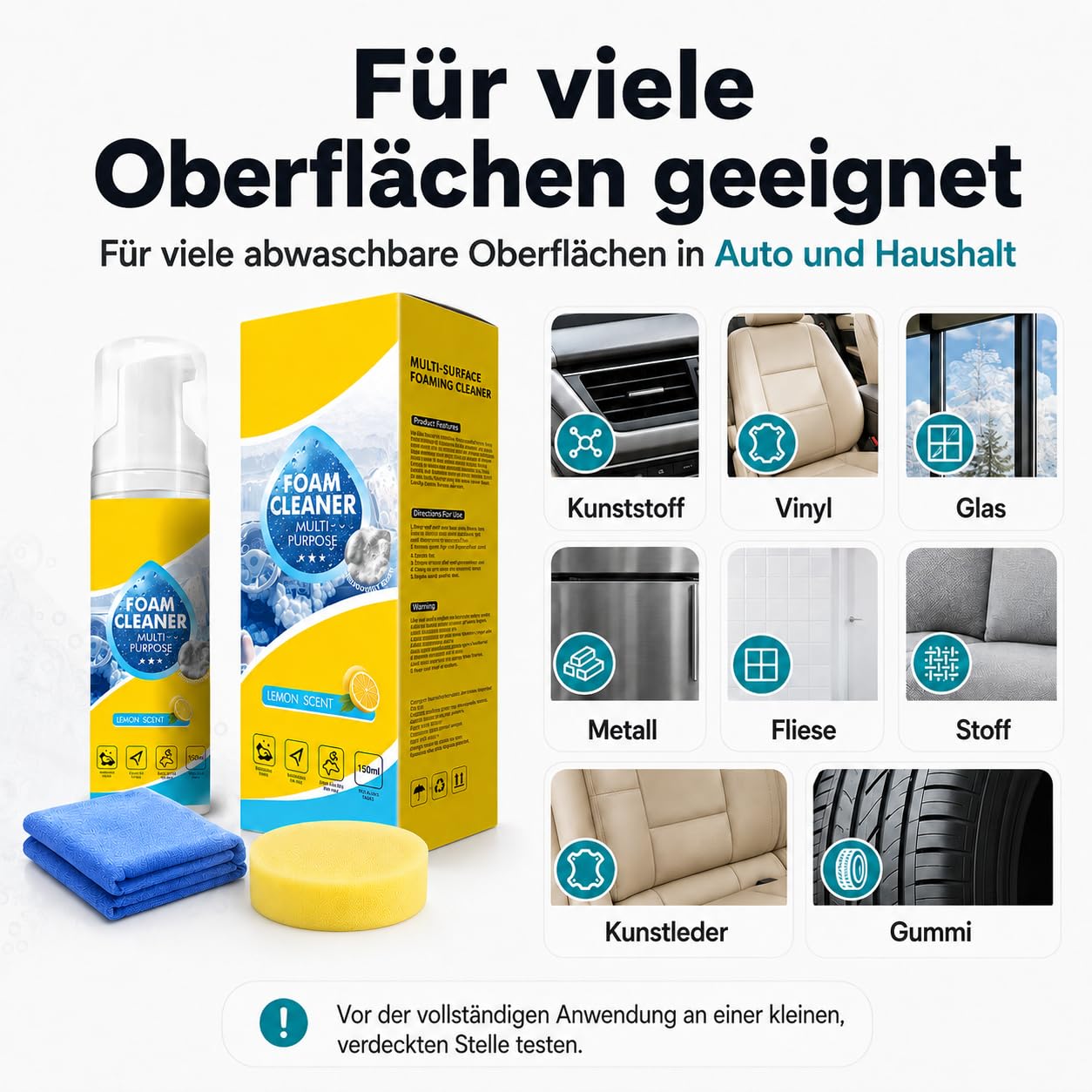 4-in-1 Mehrzweck-Schaumreiniger Spray, 150 ml / 5 fl oz, Reinigungsschaum zum Sprühen und Abwischen für Autoinnenraum, Küchenoberflächen, Badezimmerfliesen und Polster (2)