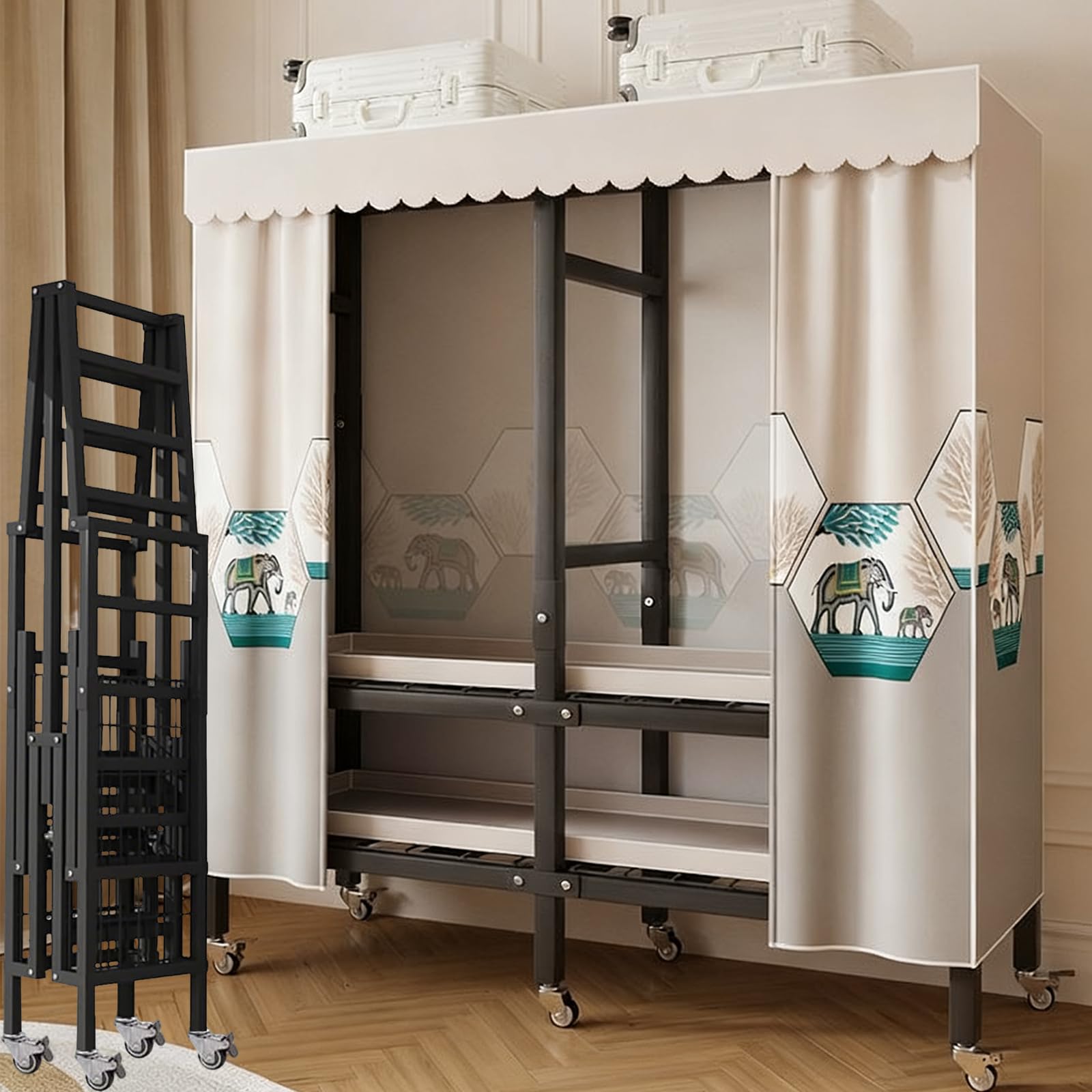 Mobiler Industrieller Kleiderständer mit Rädern, zusammenklappbarer Kleiderständer zum Aufhängen von Kleidung, tragbares Kleiderschrank-System,A,49.2"/125CM