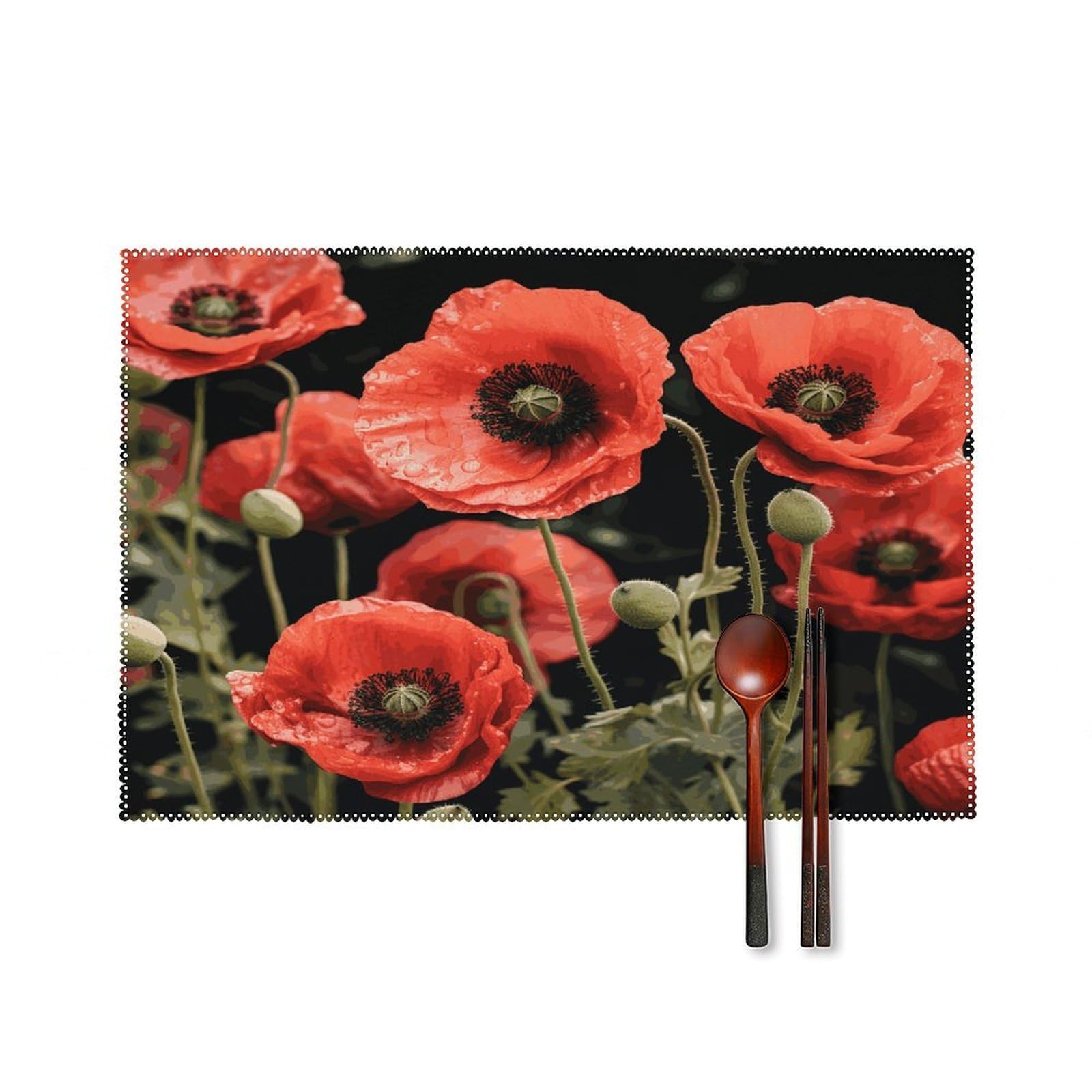 Red Poppy Flowers Leaves Placemats Set of 4 Canvas Place Mats Non-Slip Heat Resistant Table Mats Washable Waterproof Placemat Wipeable Tablemats for Kitchen Dining Decor Place Mat